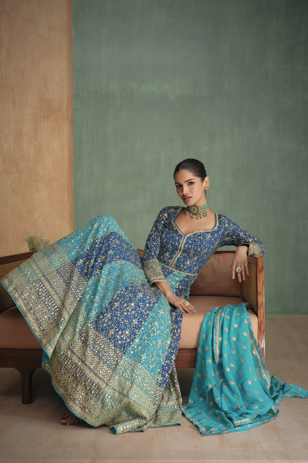 Blue Georgette Indian Bridal Reception Gowns for Wedding - Embroidery Work