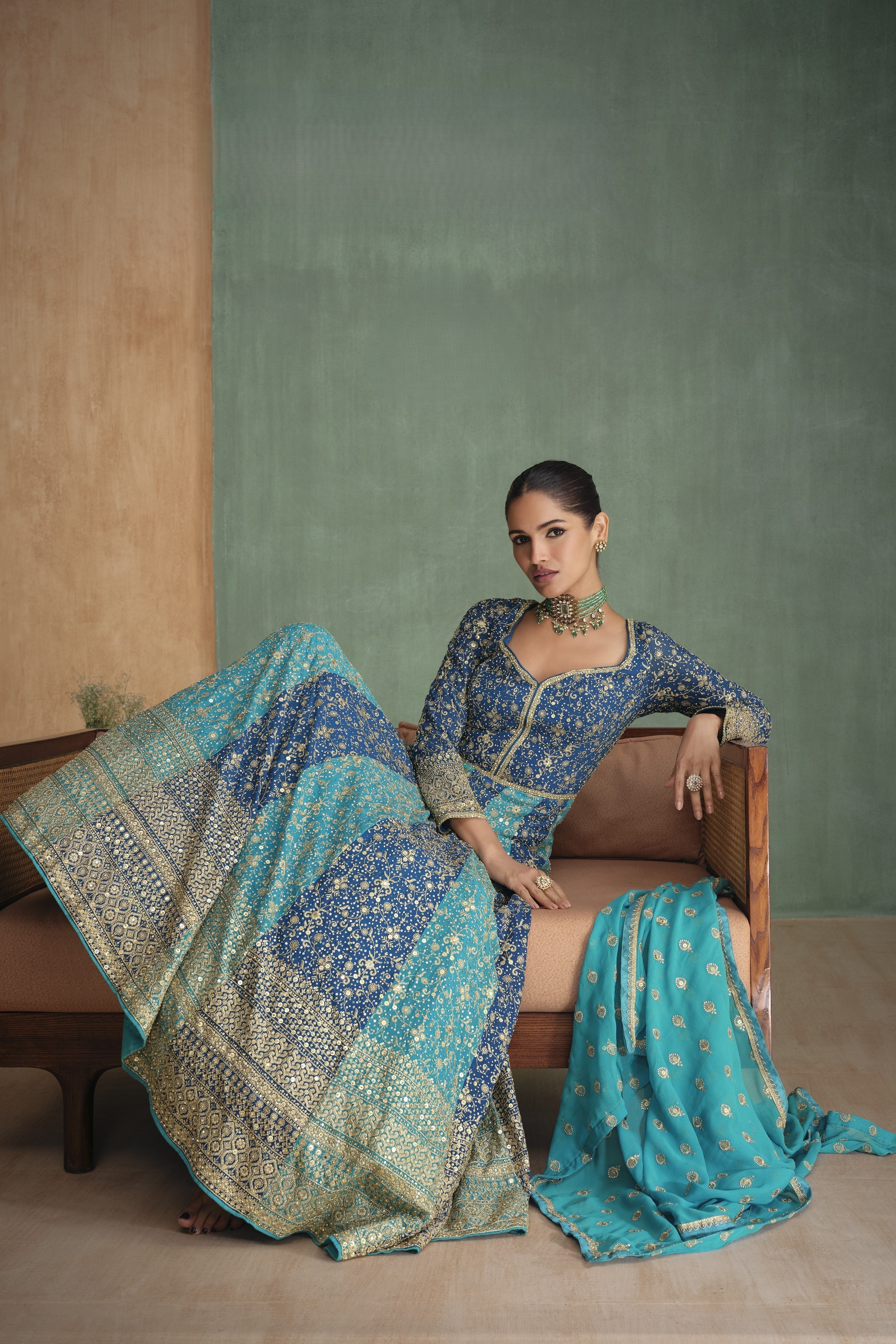 Blue Georgette Indian Bridal Reception Gowns for Wedding - Embroidery Work