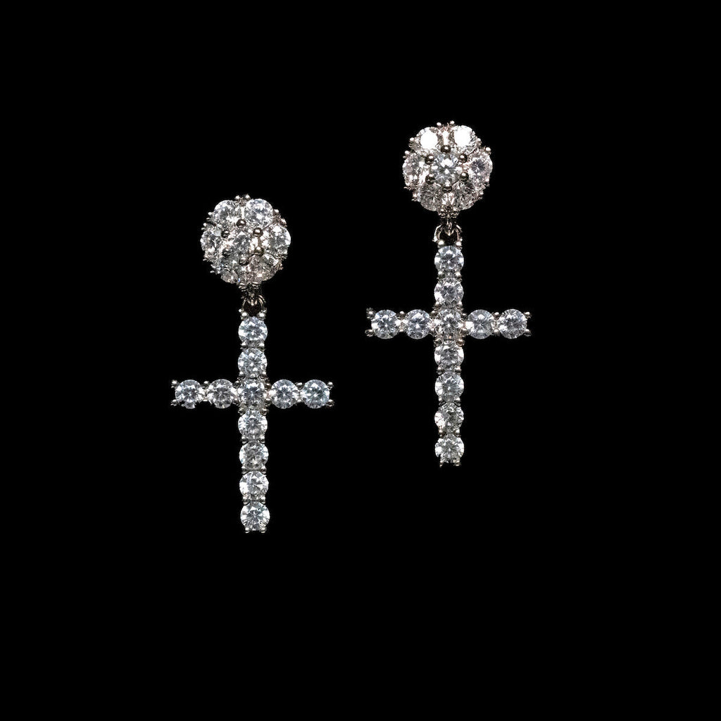 GLD Diamond Studded Cross Earrings in White Gold