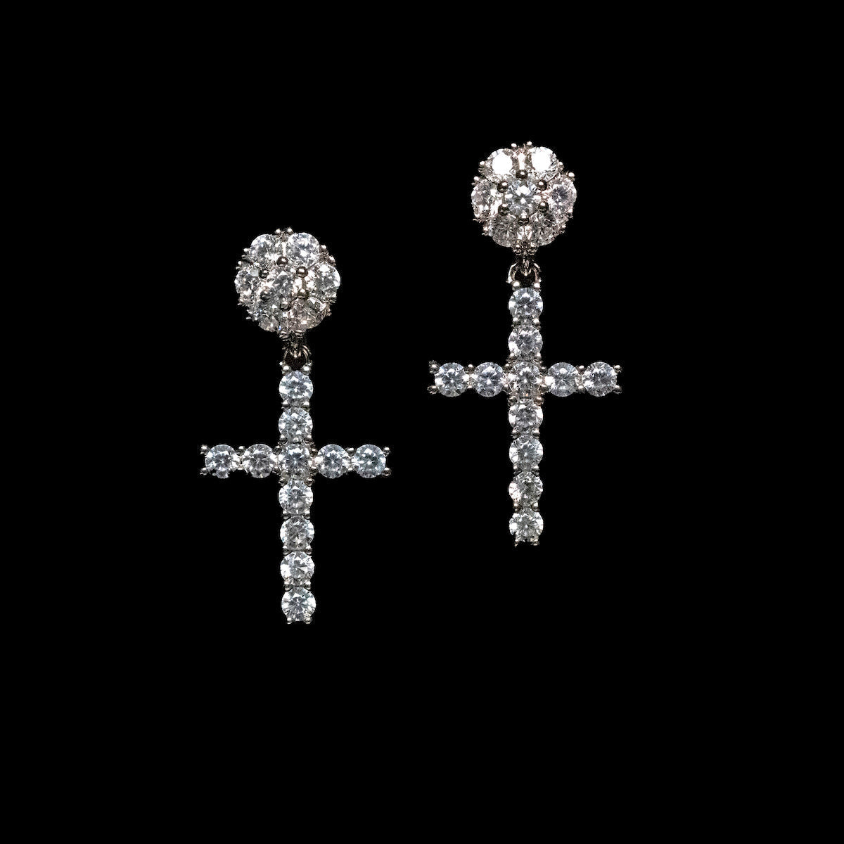 GLD Diamond Studded Cross Earrings in White Gold