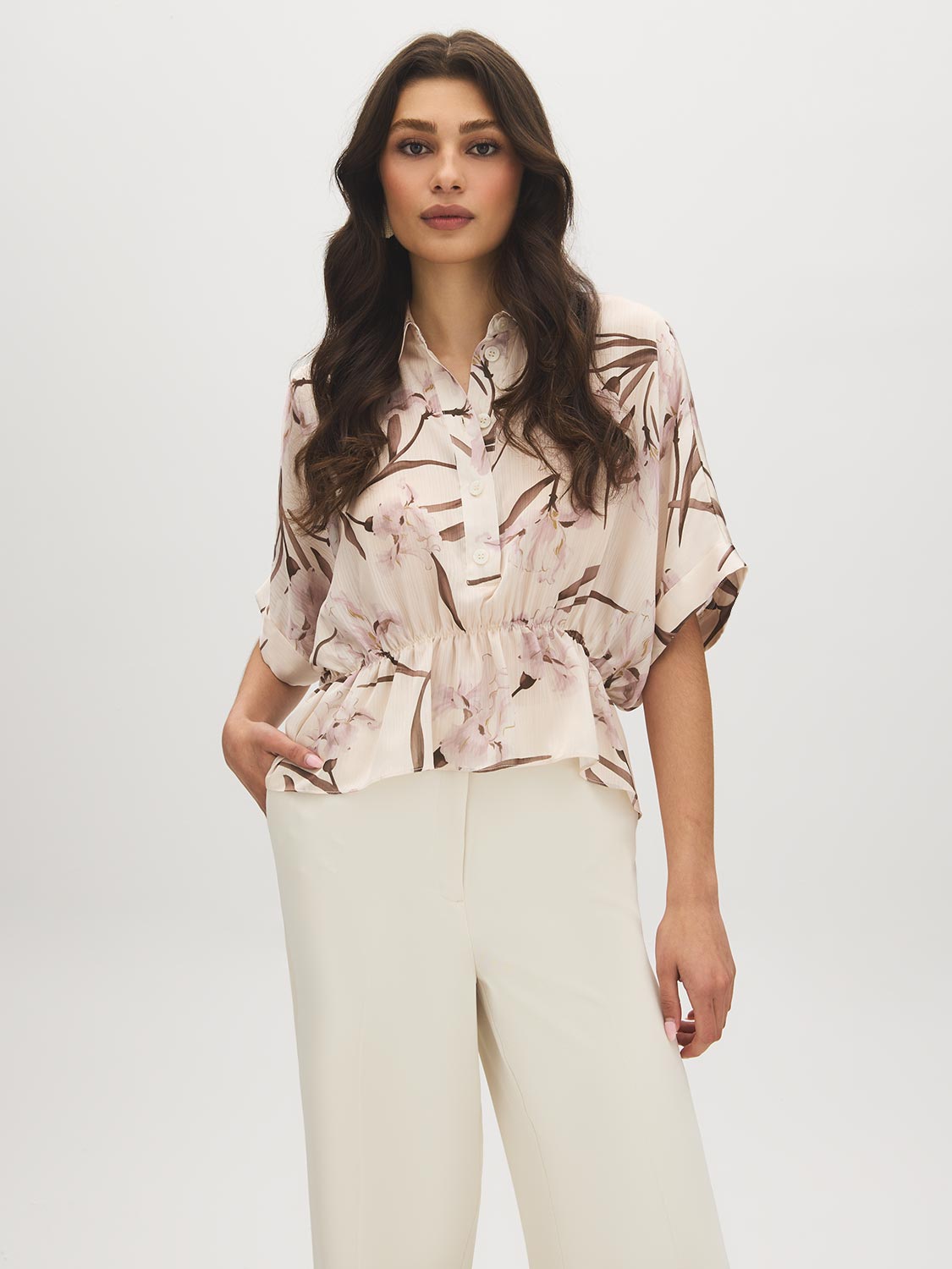 Printed Dolman Sleeve Peplum Blouse