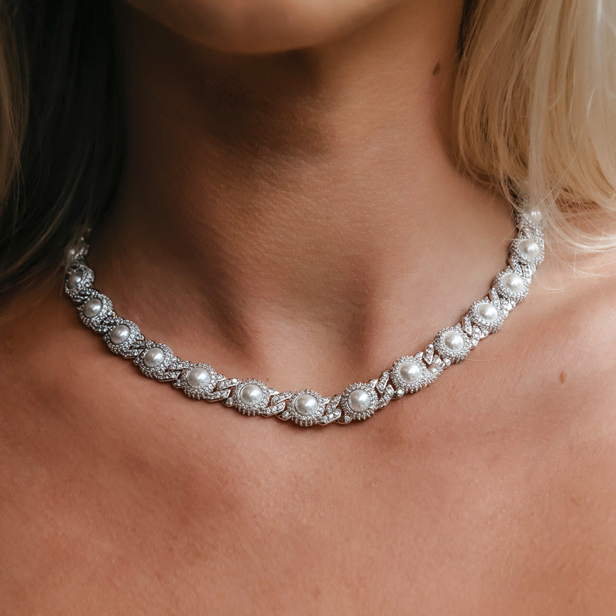10mm Iced Halo Cuban Necklace with Pearls in White Gold