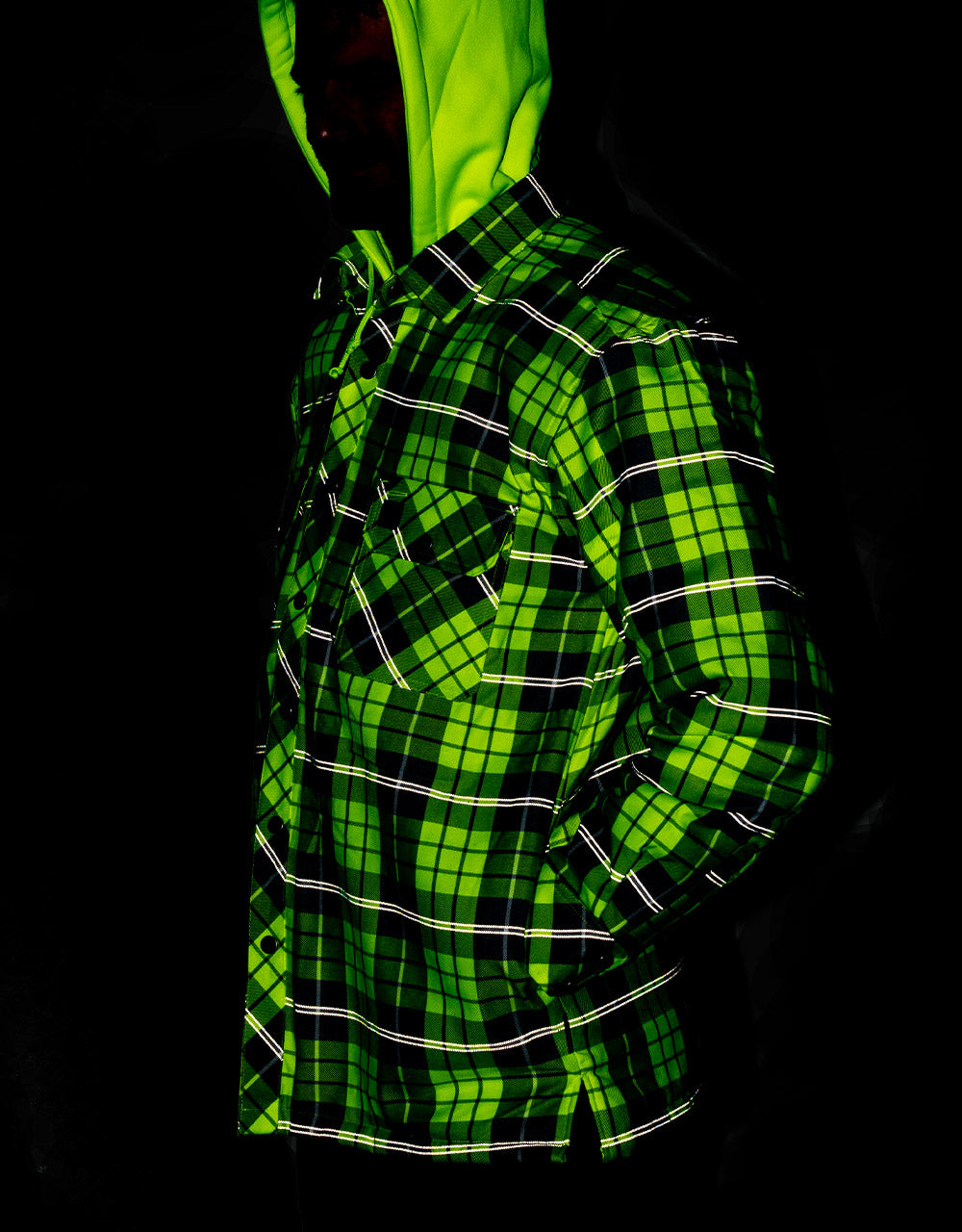 Forcefield Hi Vis Plaid Hooded Quilted Flannel Shirt Jacket with Reflective Striping