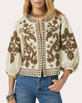 Maris Embroidered Bead Puff-Sleeve Crop Jacket