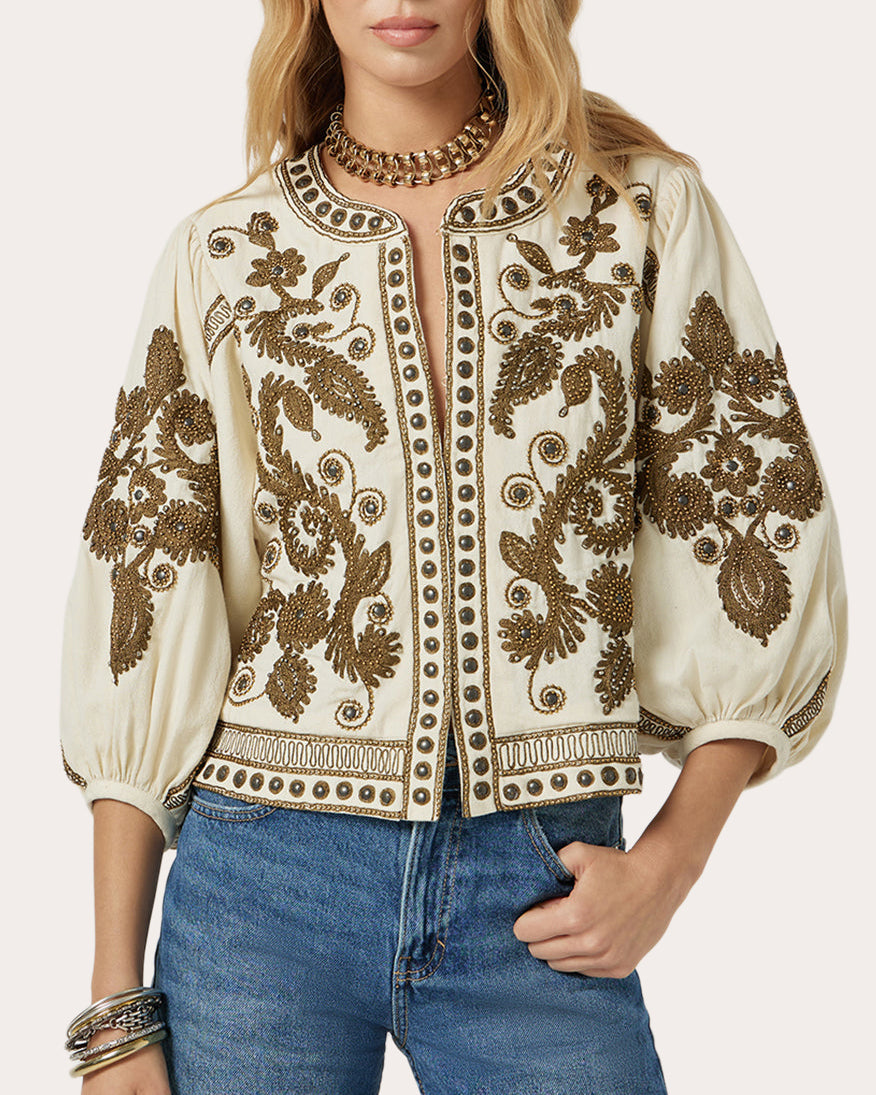 Maris Embroidered Bead Puff-Sleeve Crop Jacket