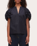 Cotton Poplin Ruched Puff-Sleeve Top