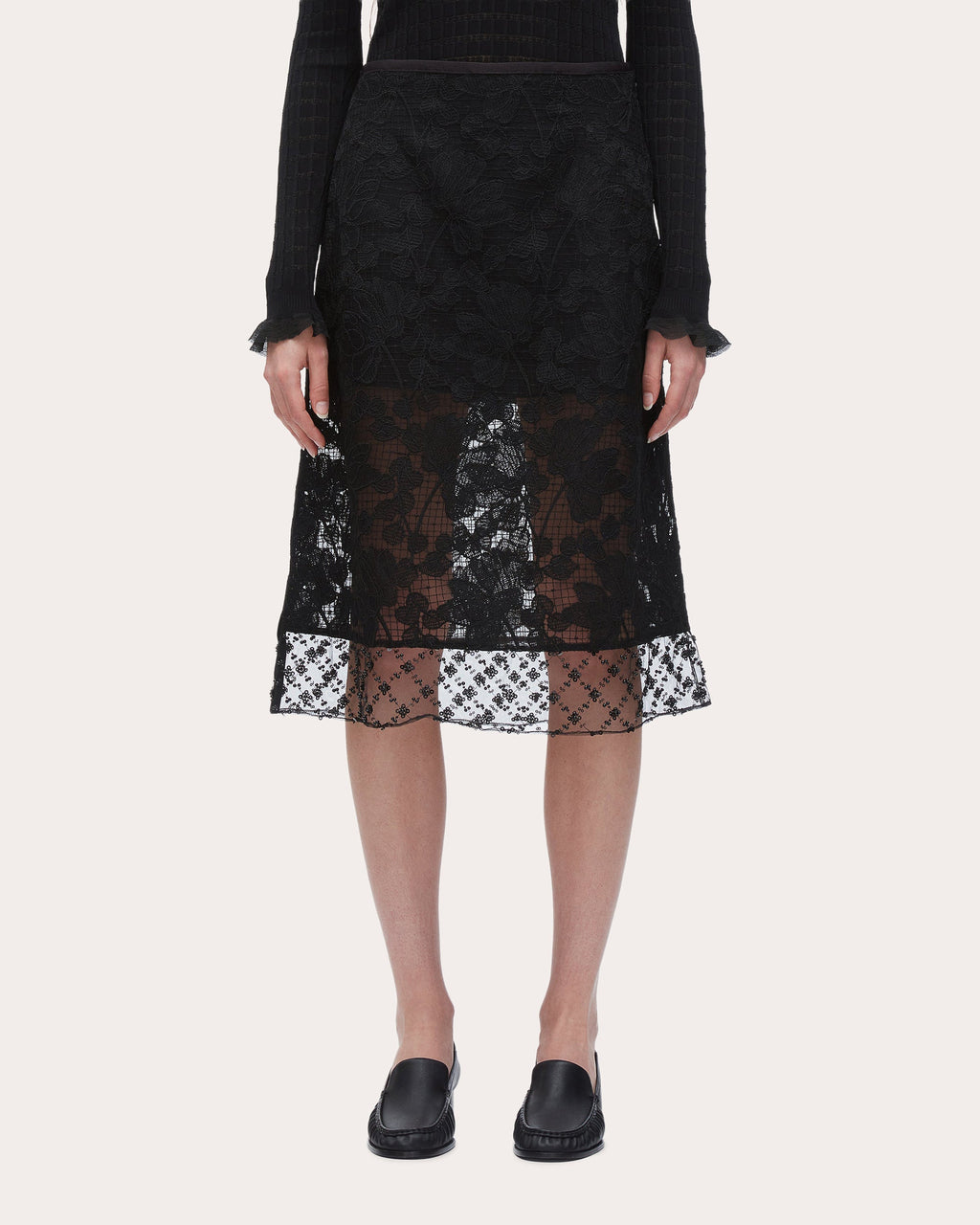 Beaded Floral Corded Lace Midi Skirt