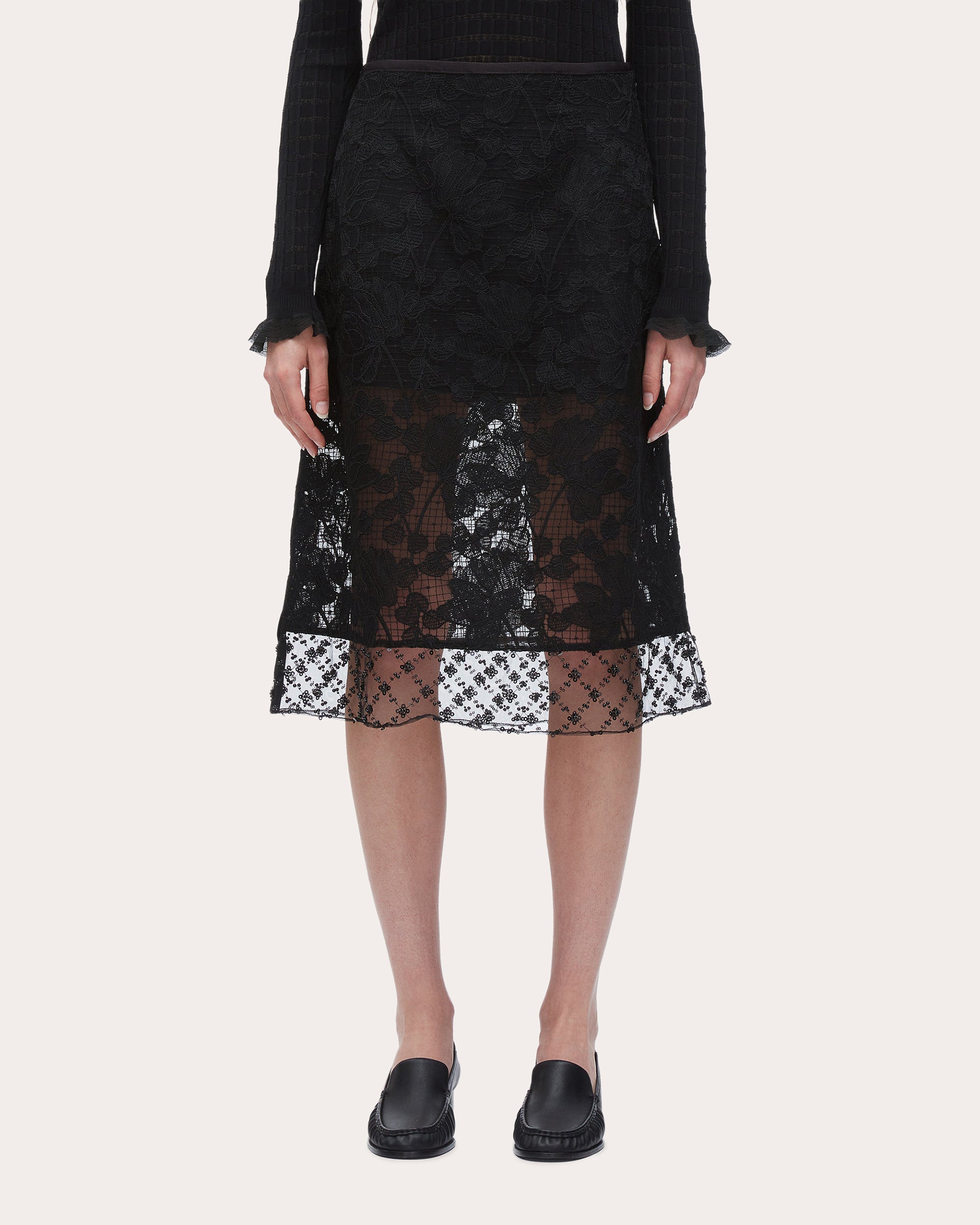 Beaded Floral Corded Lace Midi Skirt