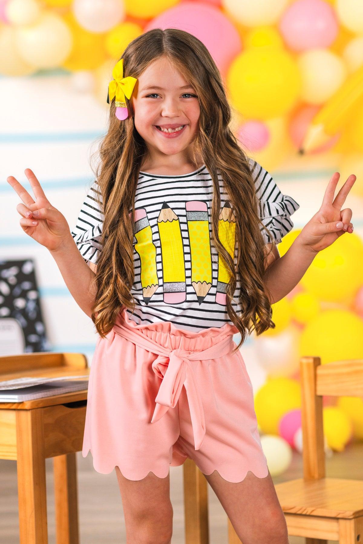 Pink Striped Glitter Pencil Short Set