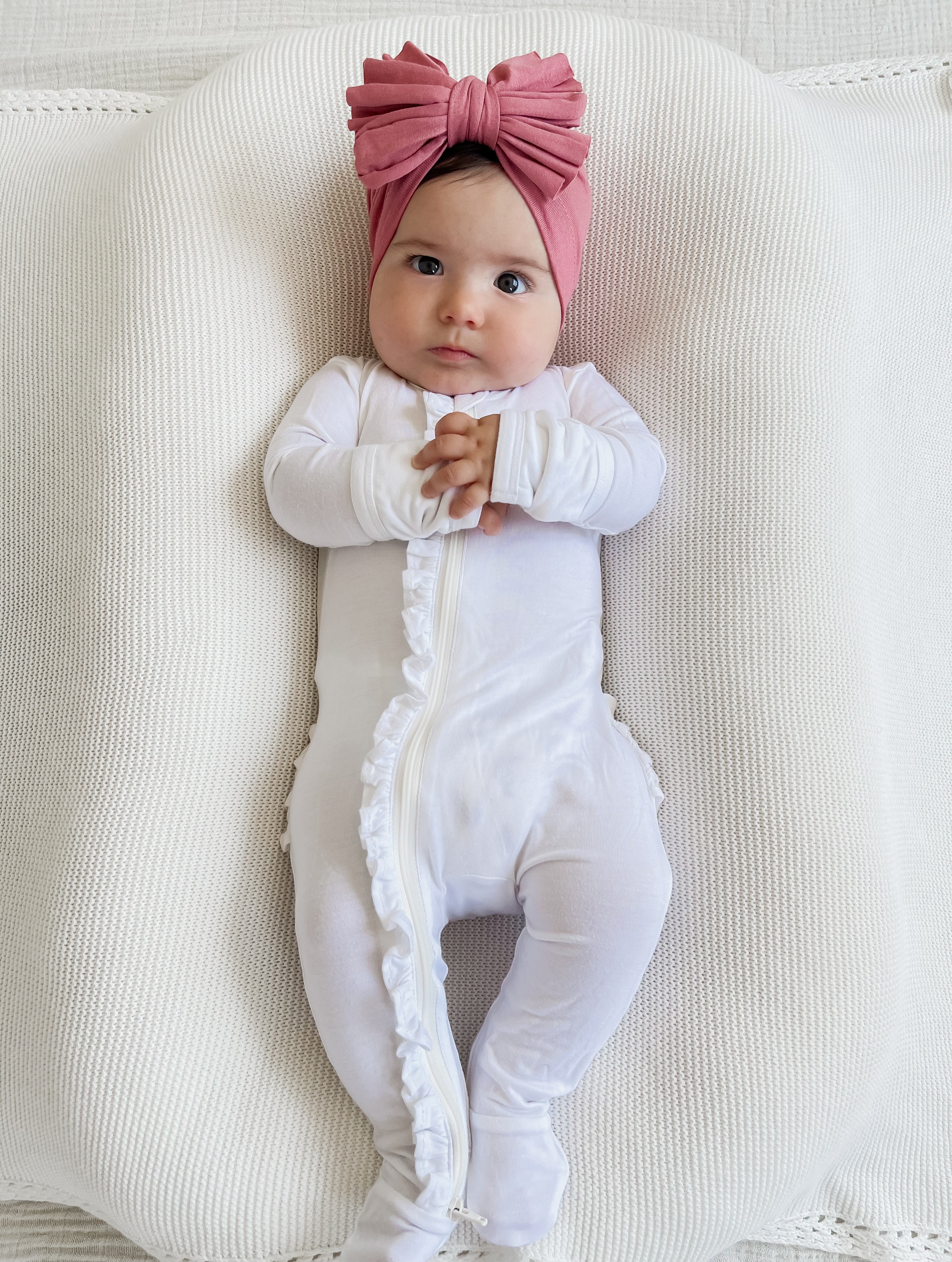 2-Way Zip Ruffle Footie, White