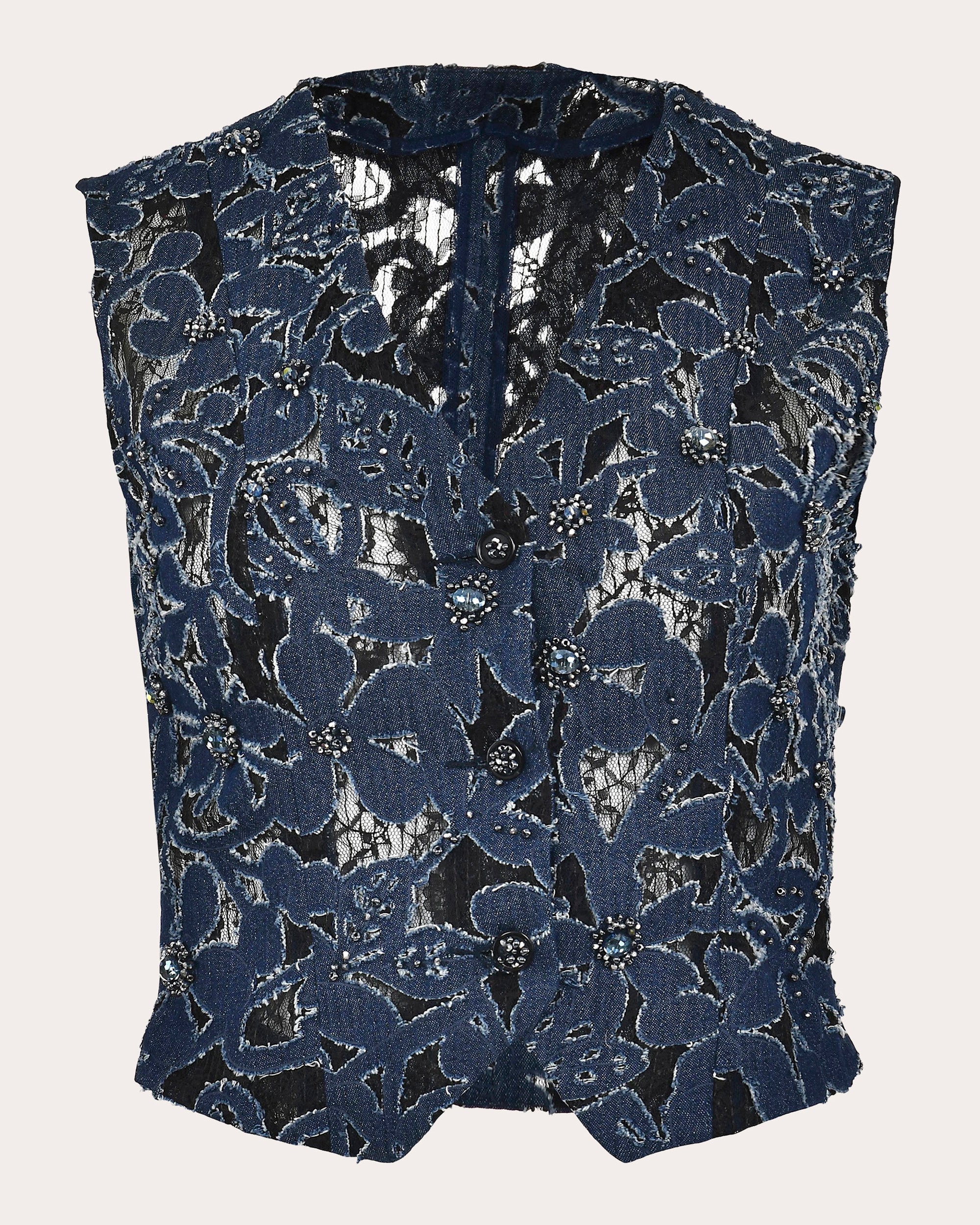 Luces Embroidered-Denim and Lace Vest
