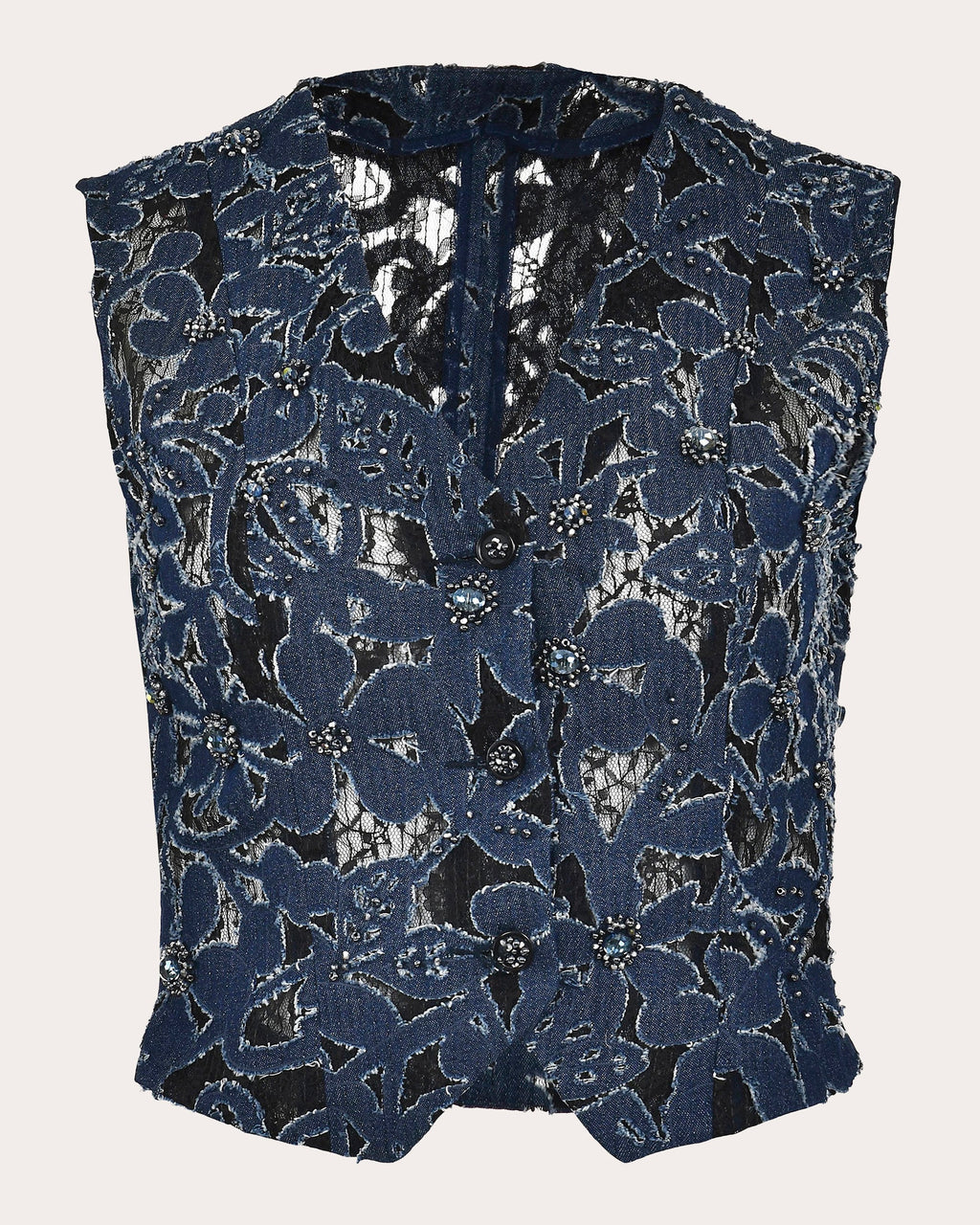 Luces Embroidered-Denim and Lace Vest