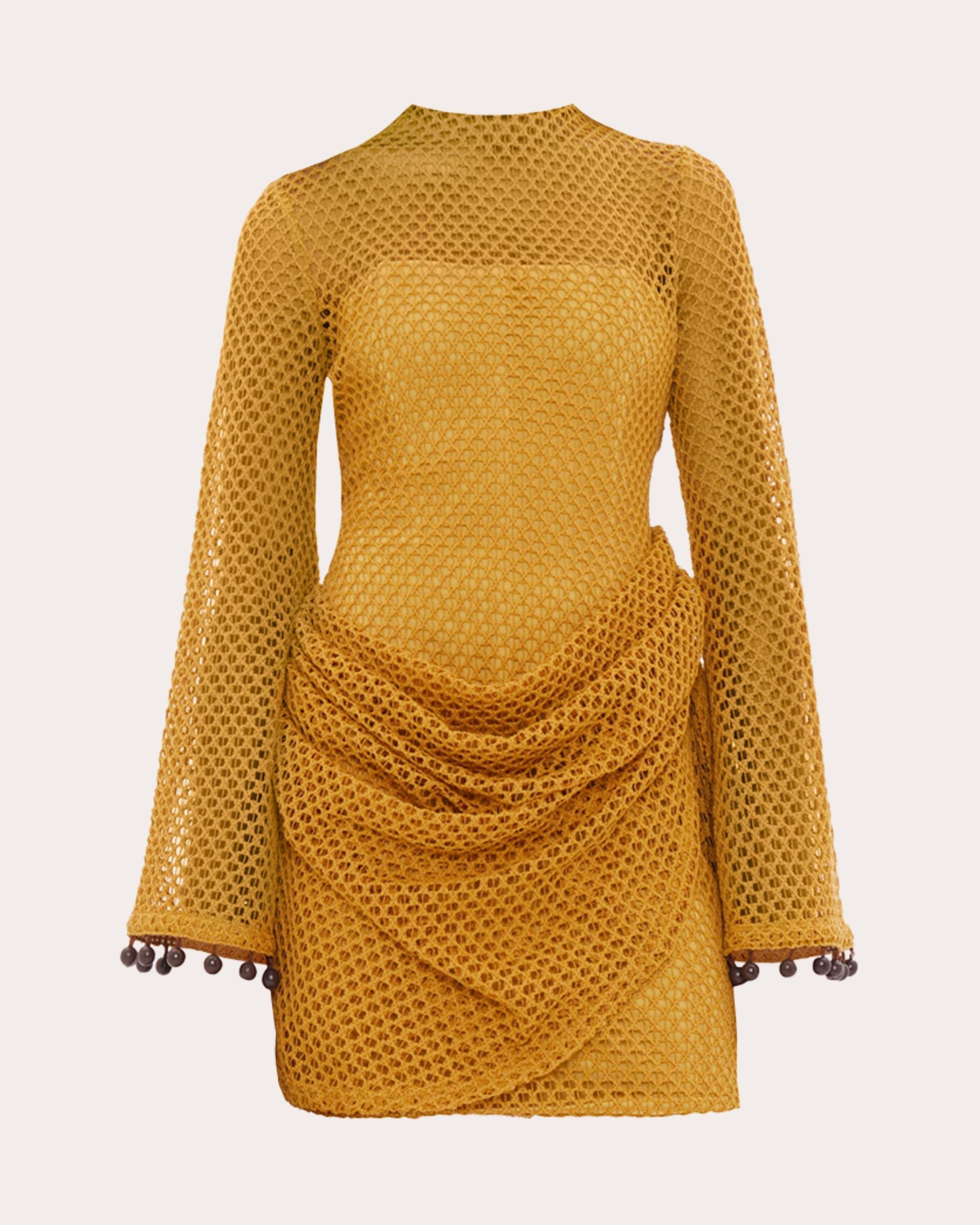Egu Embellished Draped Crochet-Knit Mini Dress