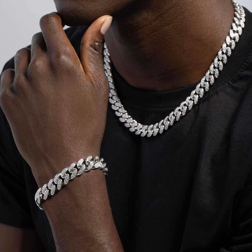 Diamond Cuban Chain + Bracelet Bundle in White Gold - 12mm