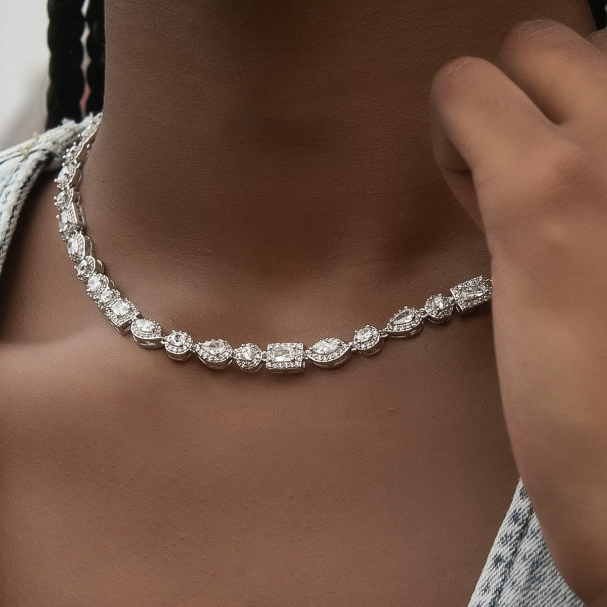 Mixed Diamond Pave Necklace in White Gold