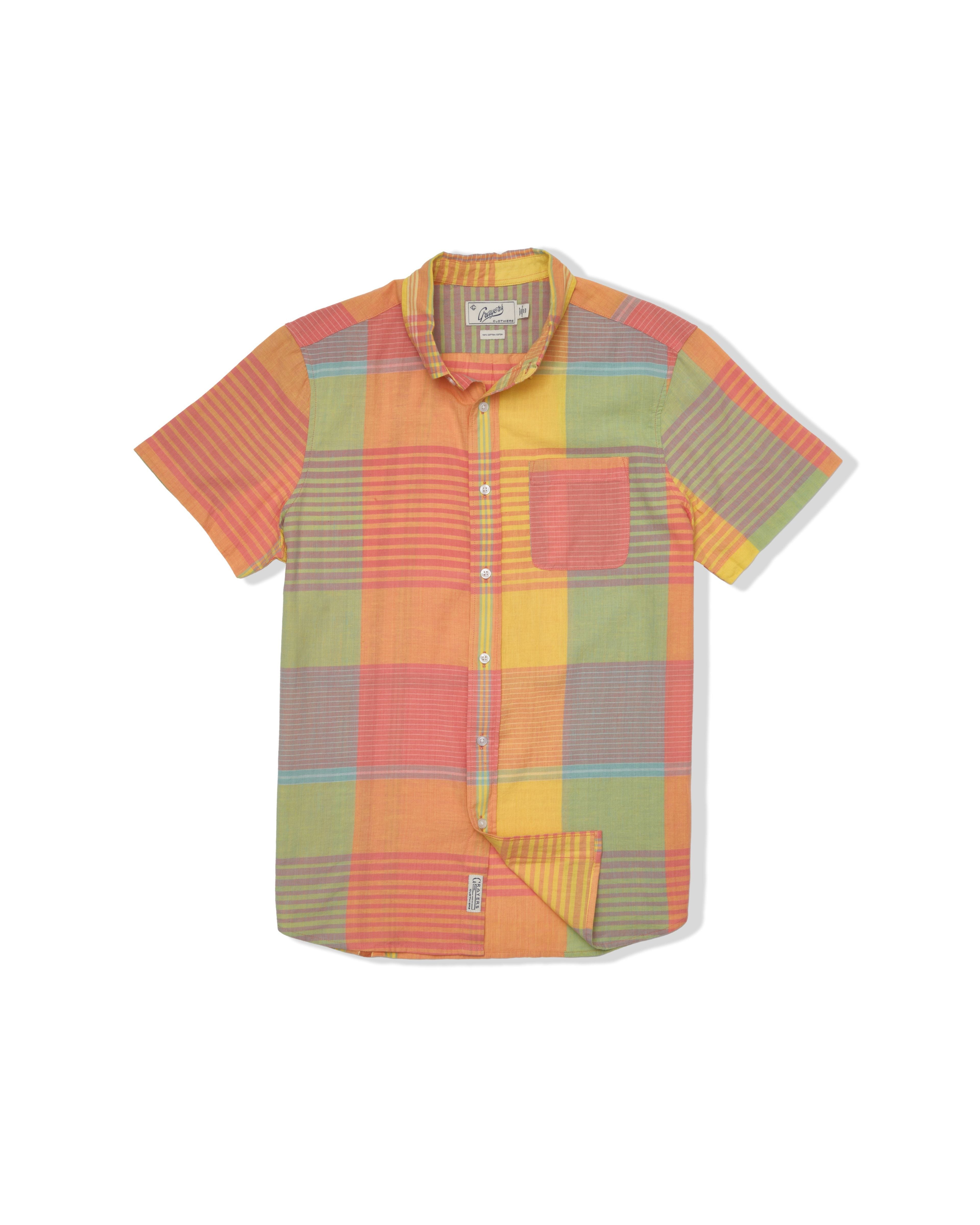 Classic Madras Plaid Short Sleeve Shirt - Orange Yellow Plaid