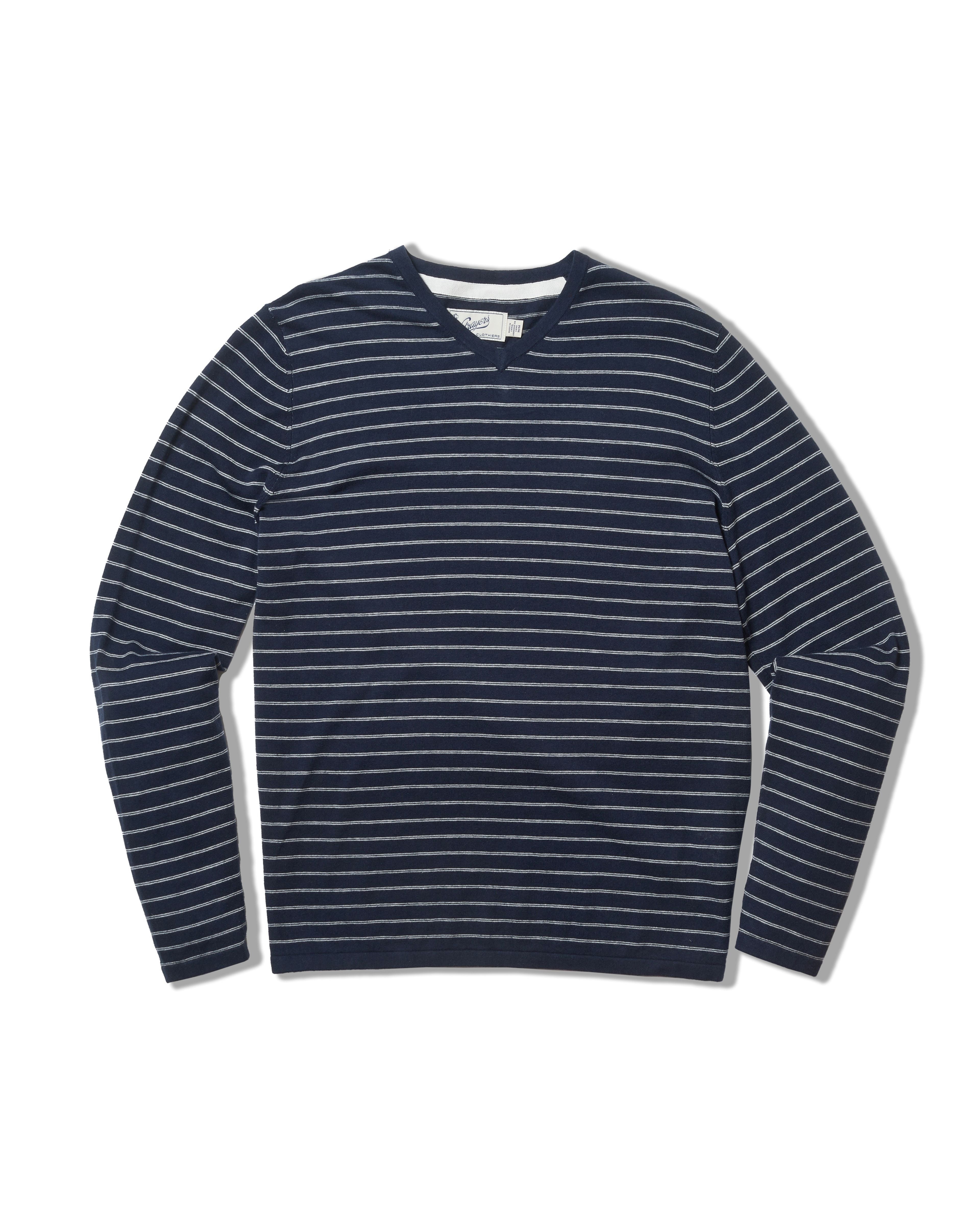 Stripe V Neck Cotton Linen Sweater - Navy Stripe