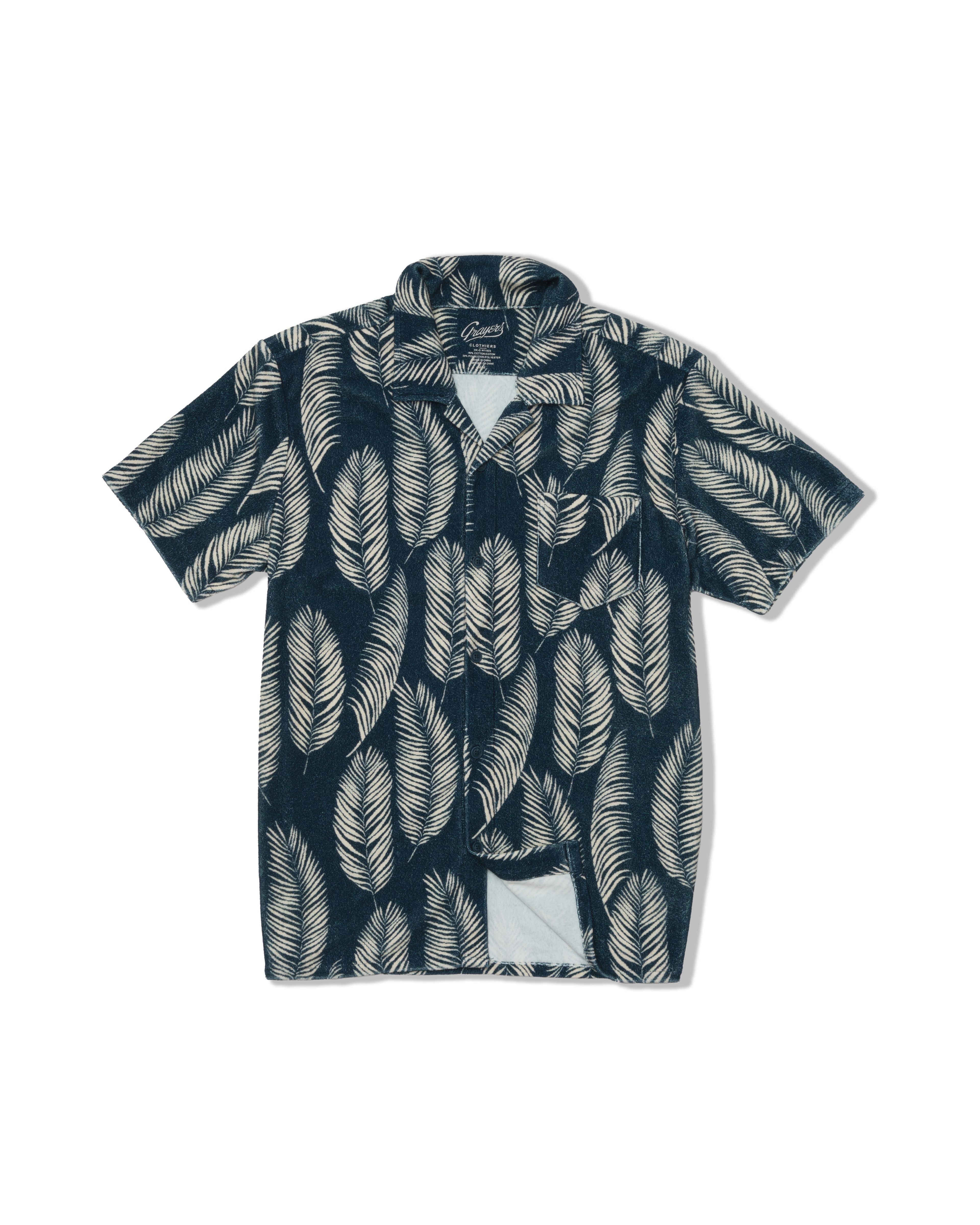 Riviera Terry Button Front Print Shirt - Navy Leaf