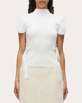 Compact Rib Knit Mock Neck Tulip-Sleeve Top