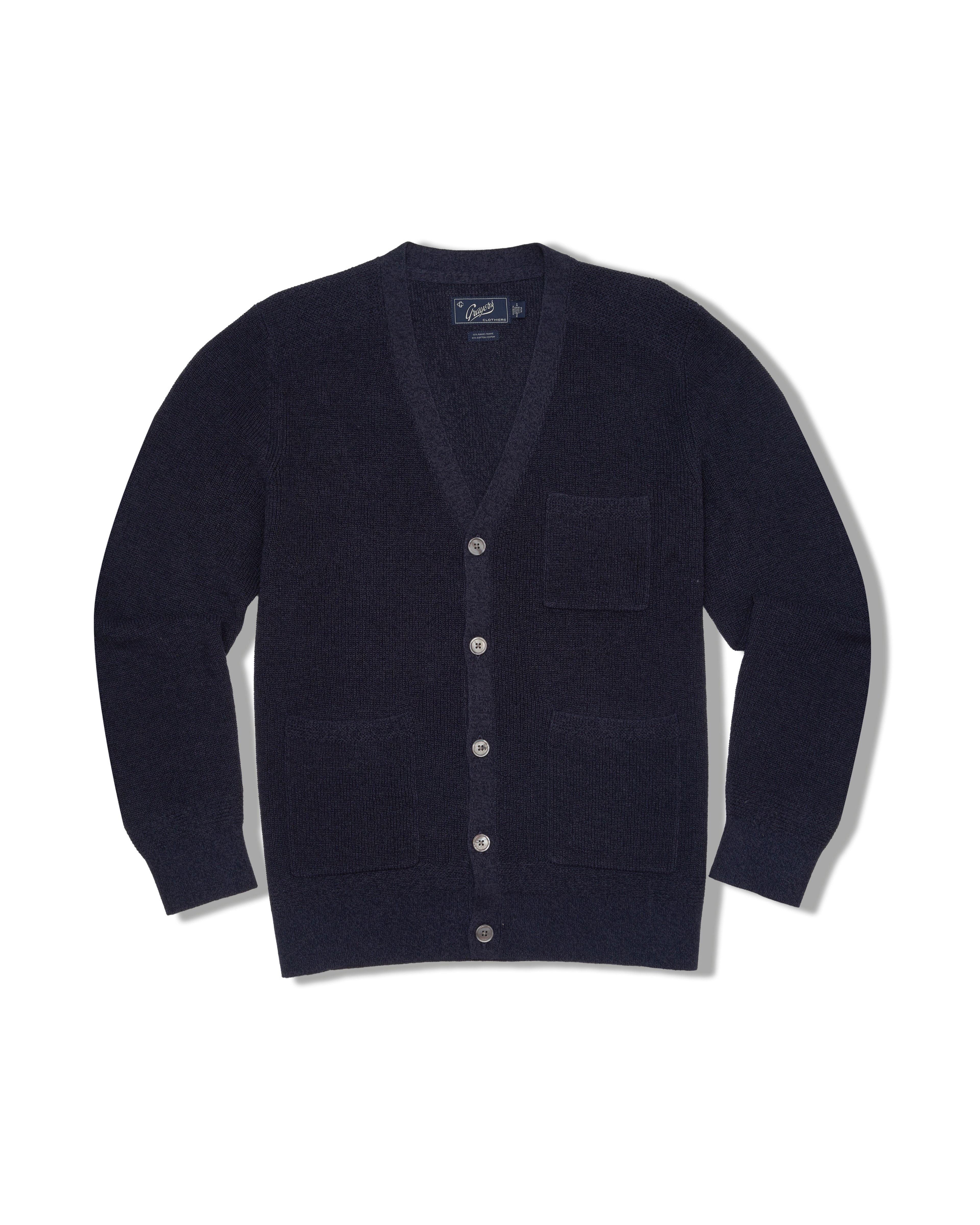 Ramie Cotton Cardigan Sweater - Navy