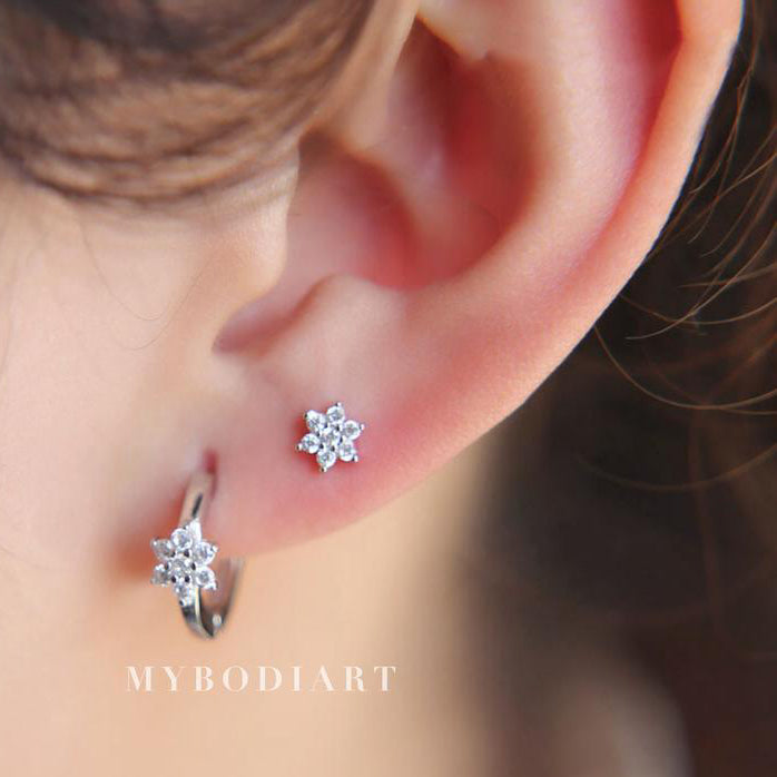 Nina Dainty Small Crystal Flower Ear Piercing Stud Earrings in Silver or Gold