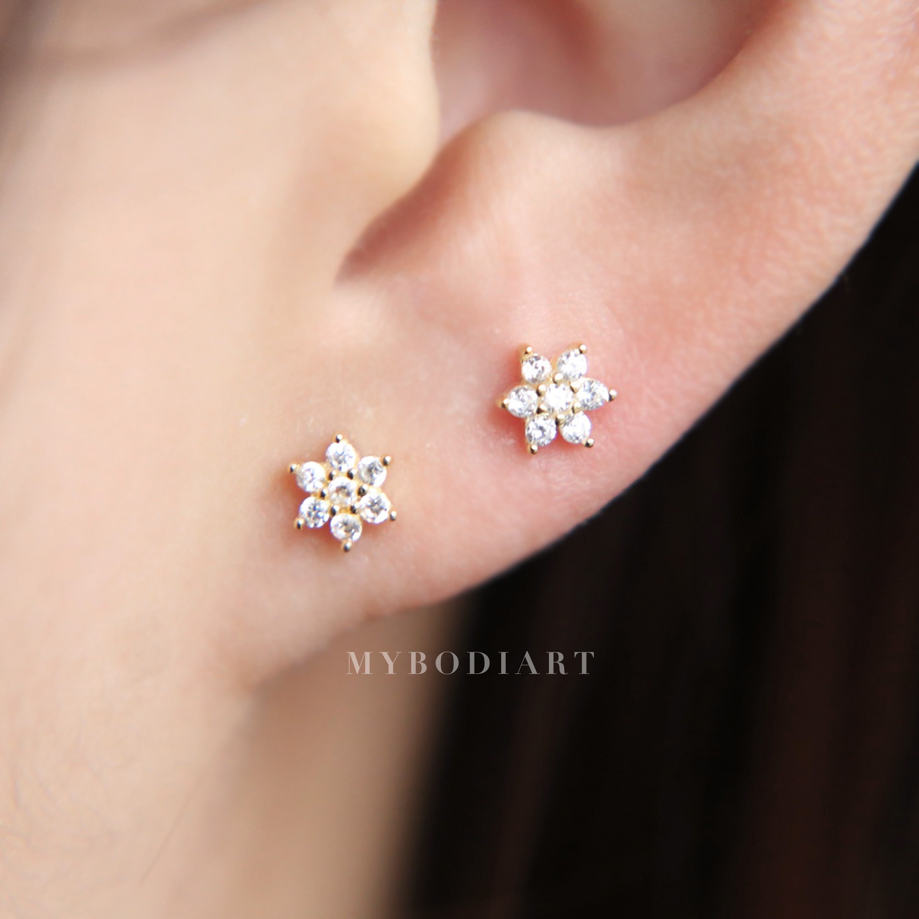 Nina Dainty Small Crystal Flower Ear Piercing Stud Earrings in Silver or Gold