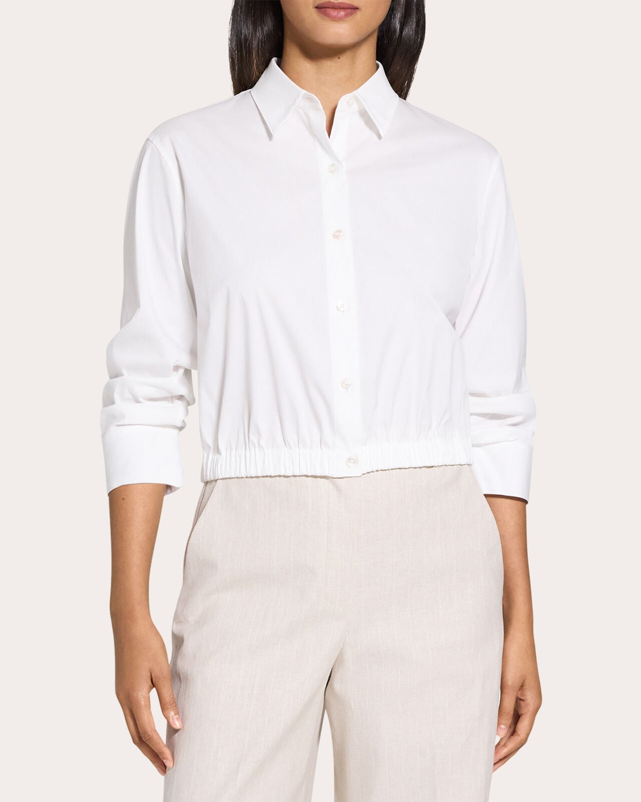 Gathered-Sleeve Cinched Button-Up