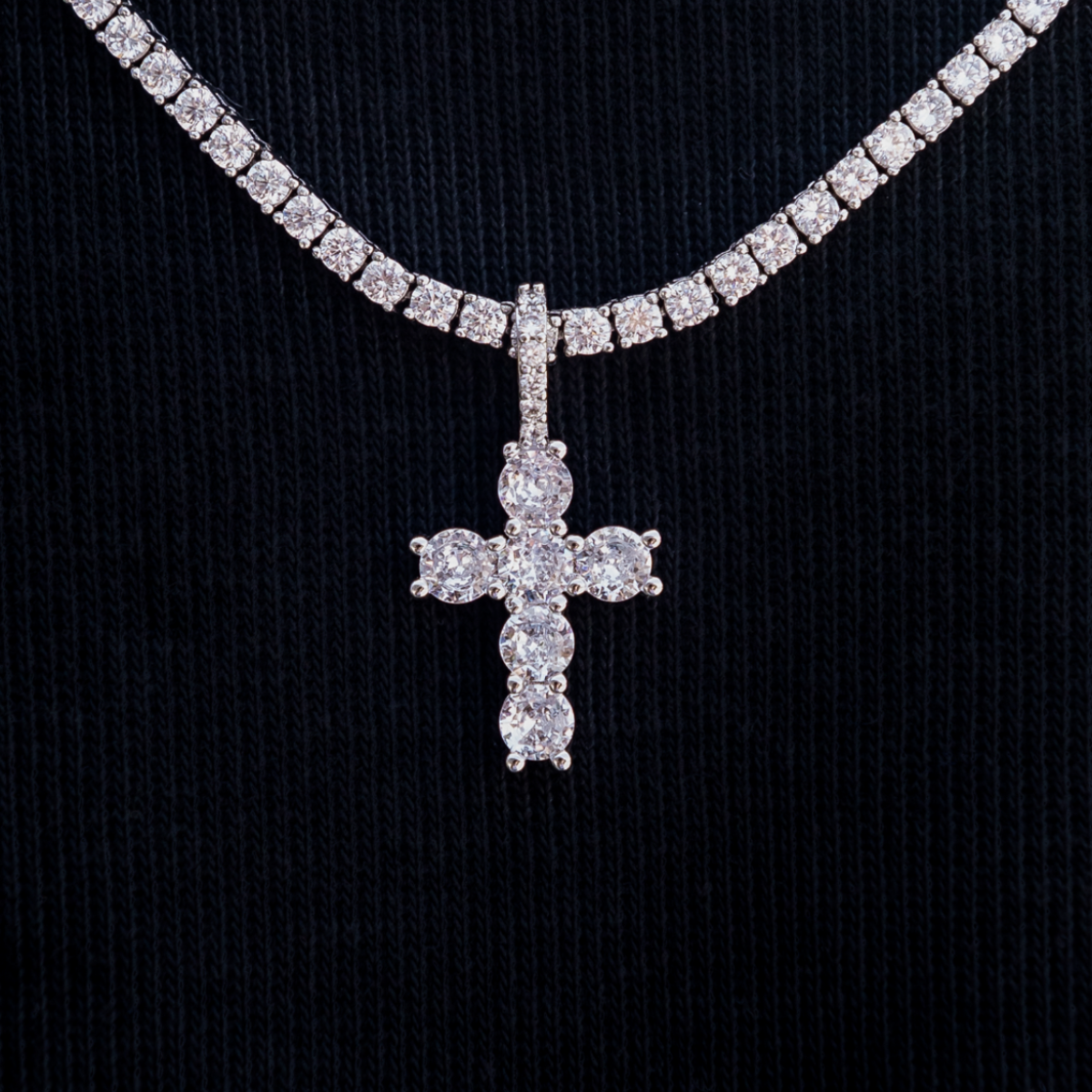 Iced Micro Round Cross Pendant in White Gold