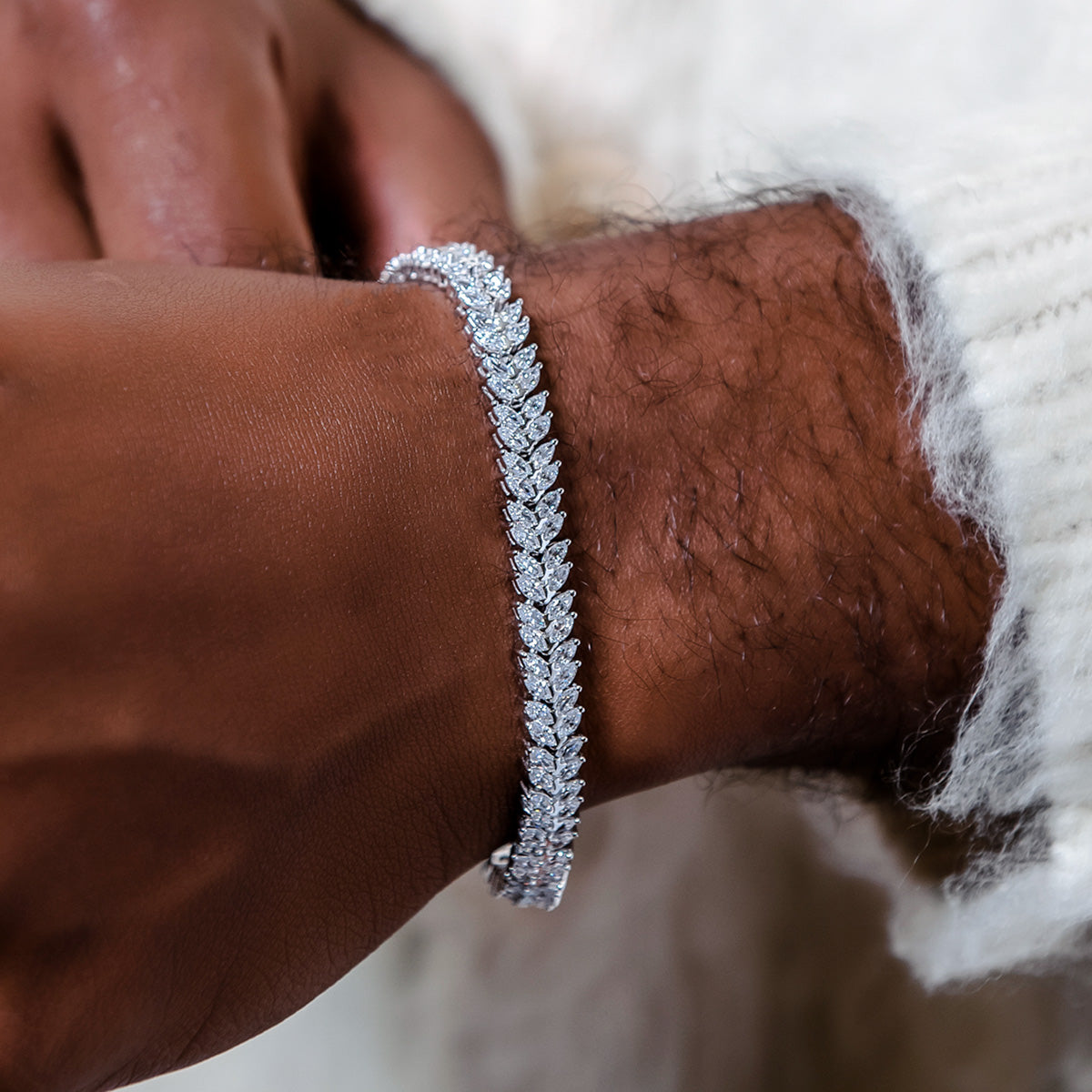 Iced Herringbone Bracelet in White Gold- 7mm