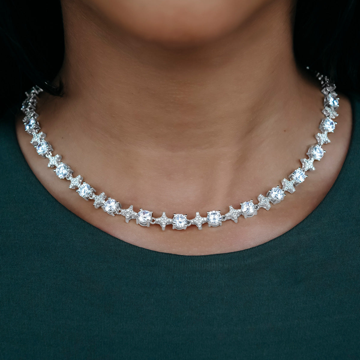 Round Stone Star Tennis Necklace in White Gold - 8mm