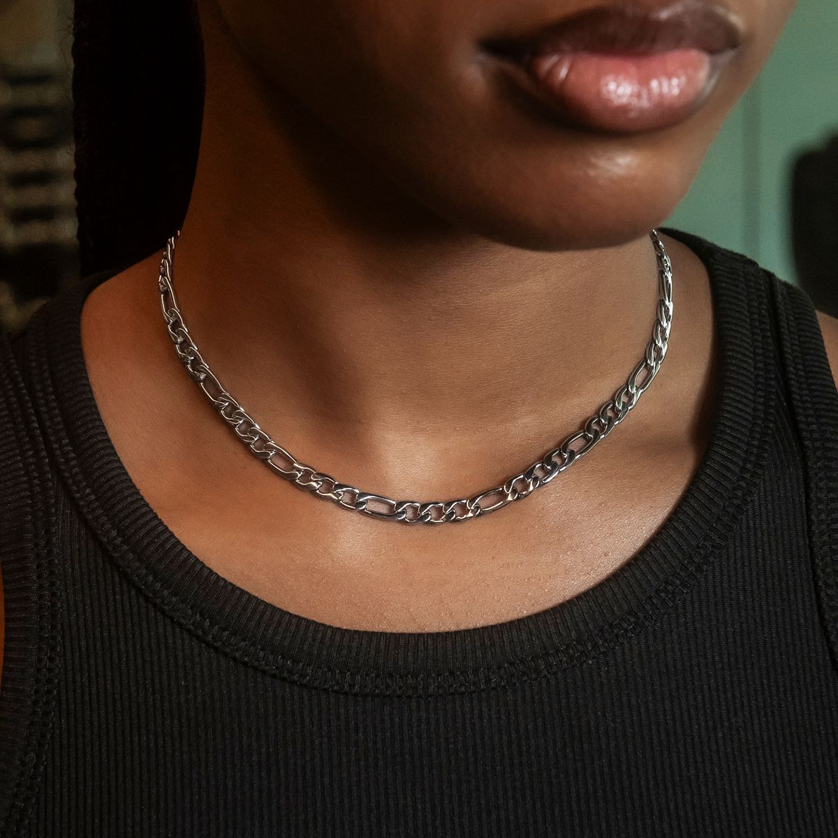 Figaro Necklace + Bracelet Bundle in White Gold- 6mm