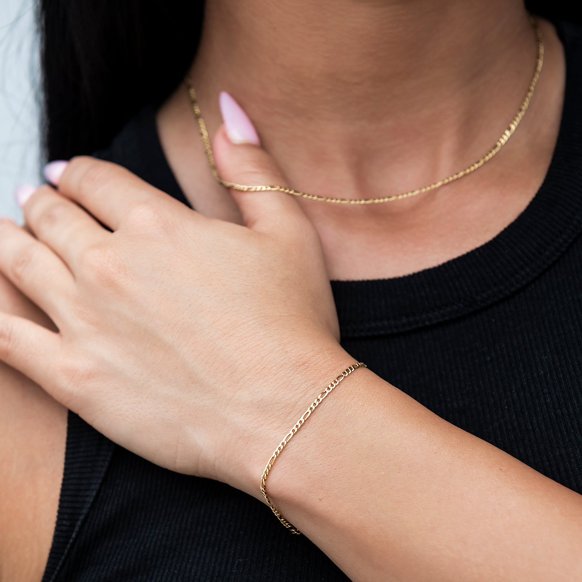 Figaro Necklace + Bracelet Bundle in Yellow Gold- 2mm