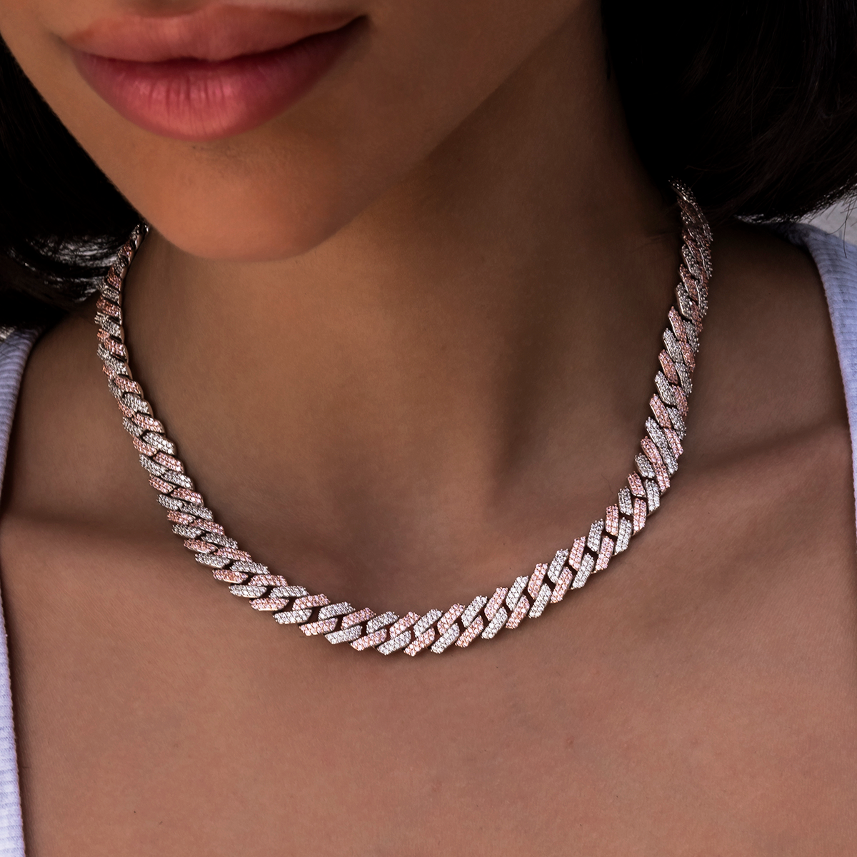 GLD Diamond Prong Cuban Necklace in Rose/White Gold- 8.5mm