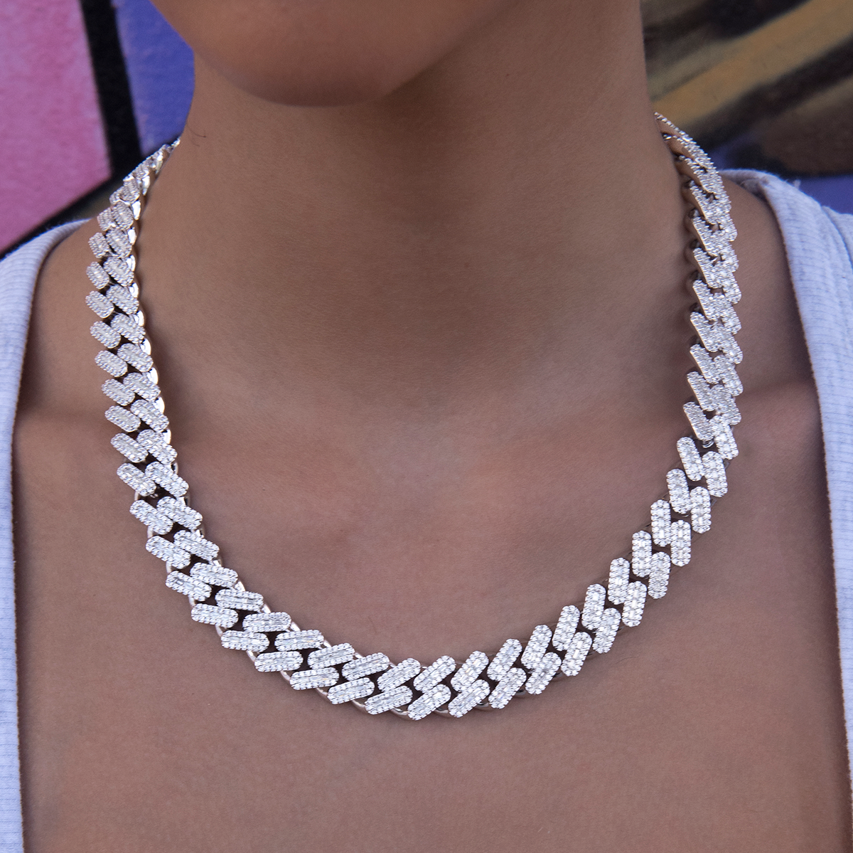 GLD Diamond Baguette Cuban Necklace in White Gold- 12mm