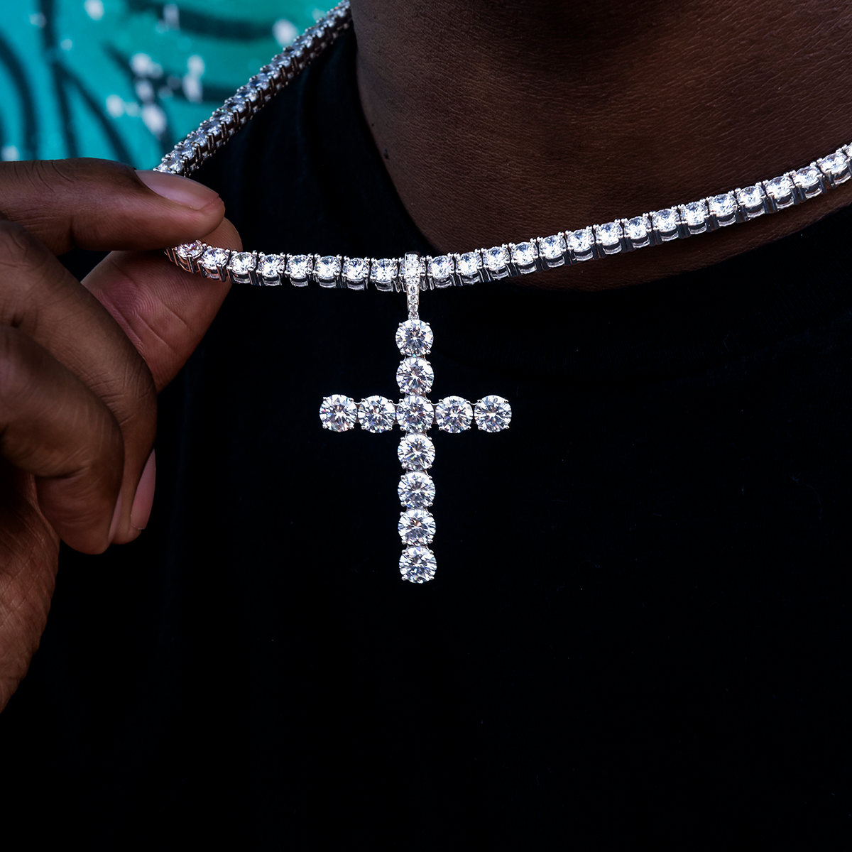 Large Diamond Cross Pendant in White Gold