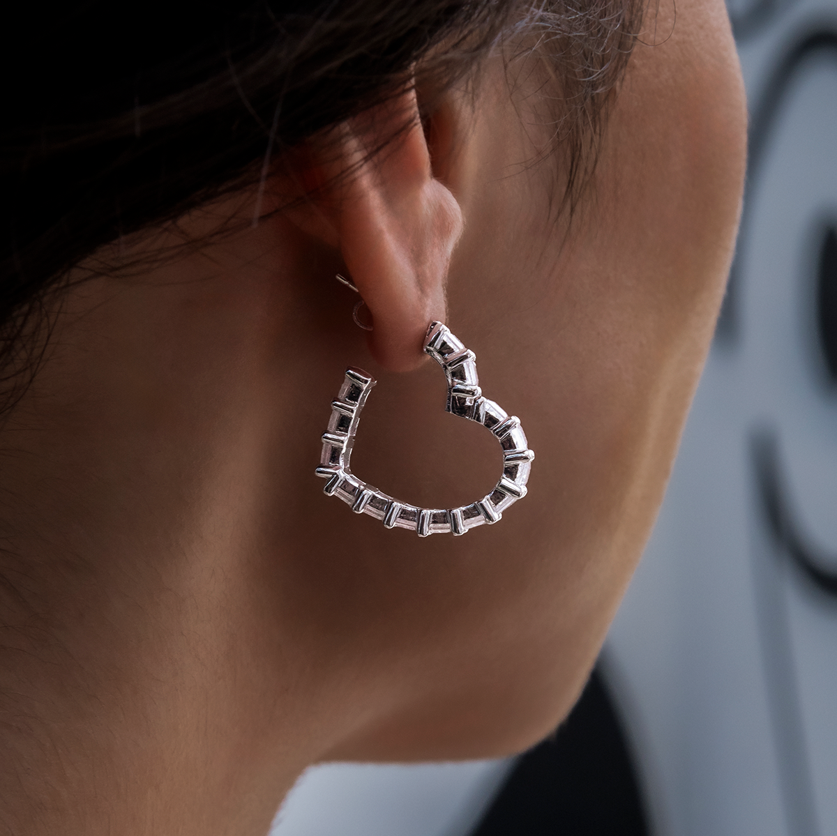 GLD Baguette Heart Hoop Earrings - White Gold