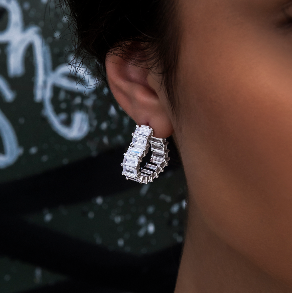 GLD Baguette Heart Hoop Earrings - White Gold