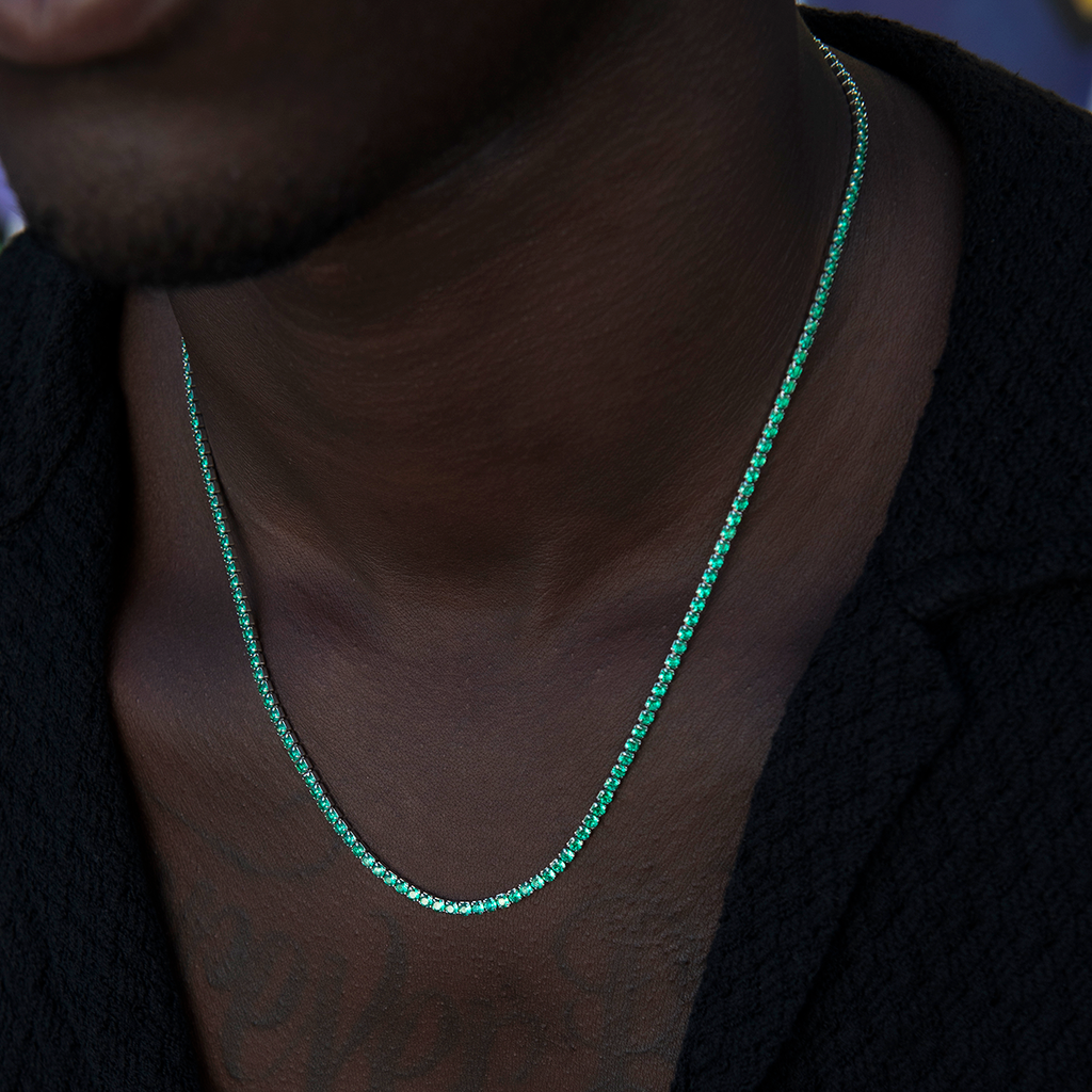 Emerald Diamond Micro Tennis Chain in White Gold