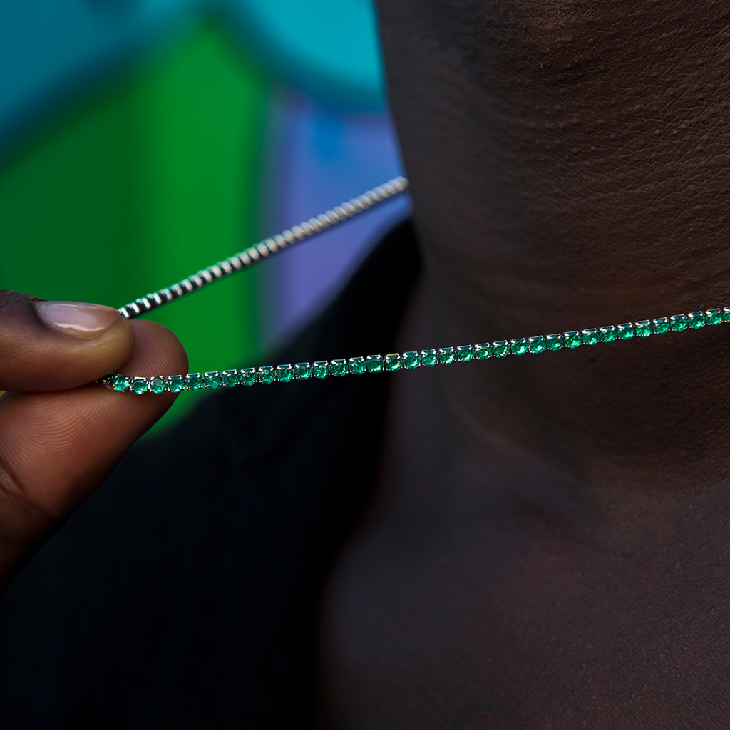 Emerald Diamond Micro Tennis Chain in White Gold