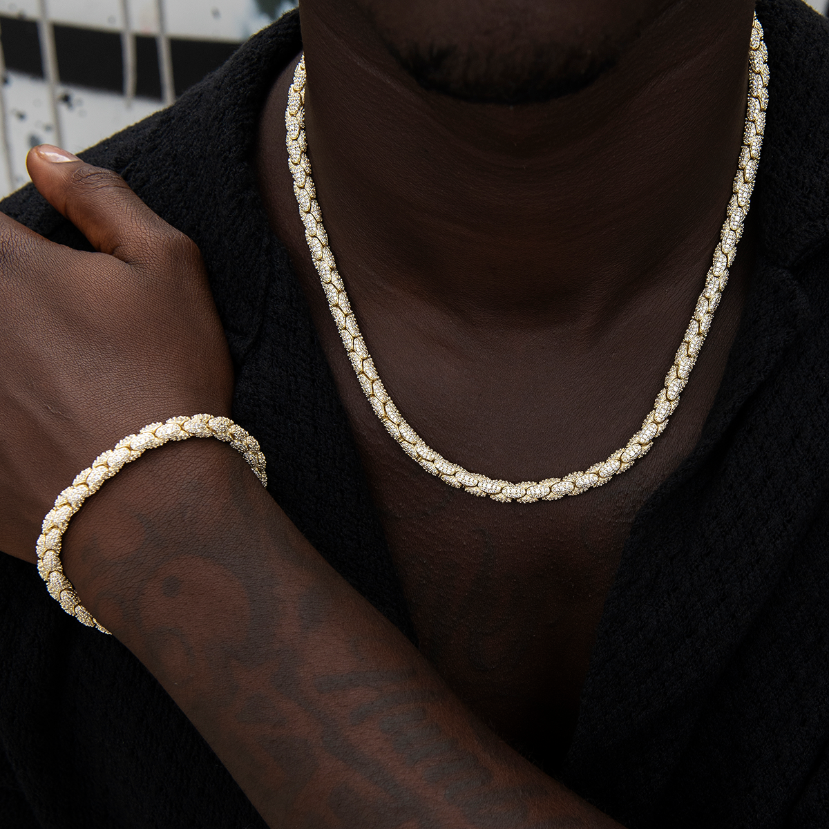 Diamond Pave Snake Link Chain + Bracelet Bundle in Yellow Gold- 6mm