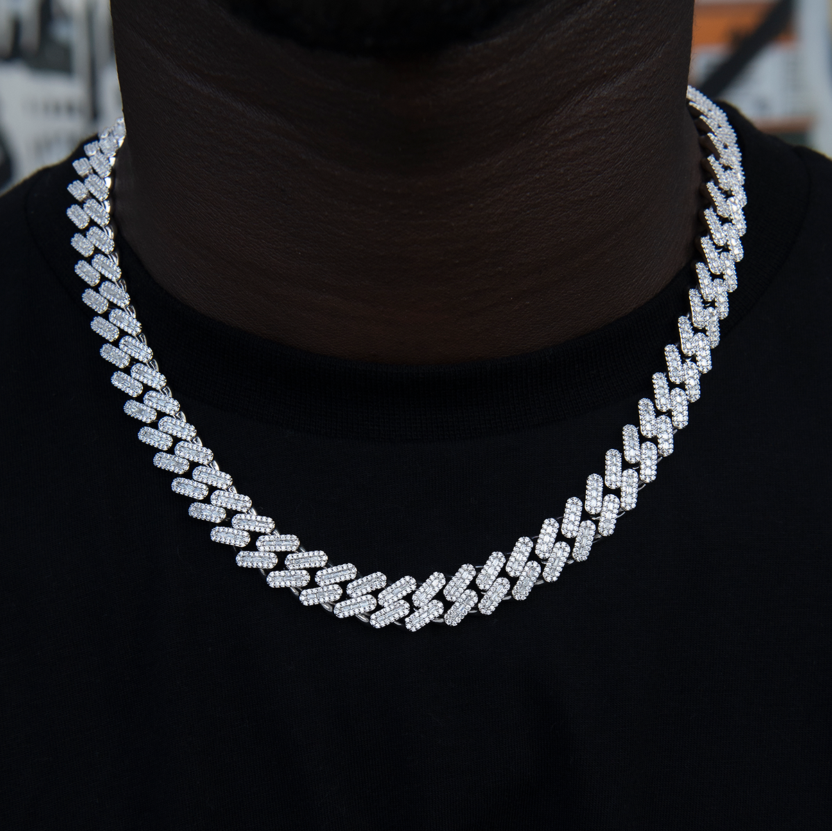 GLD Diamond Baguette Cuban Chain in White Gold- 12mm