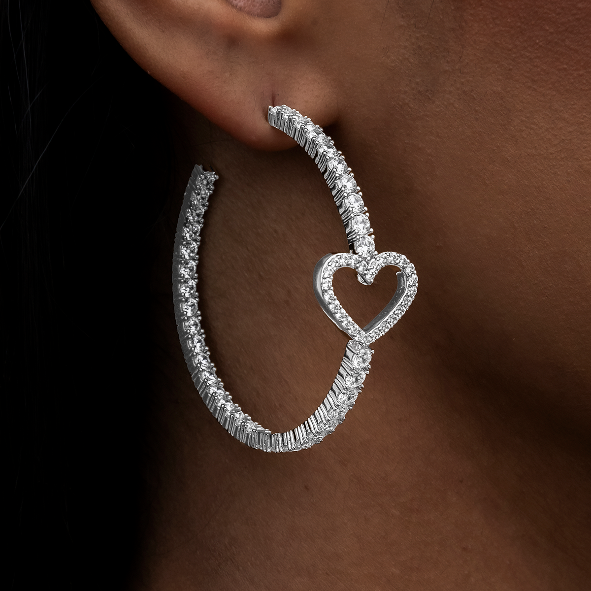 GLD Heart Tennis Hoop Earrings - White Gold