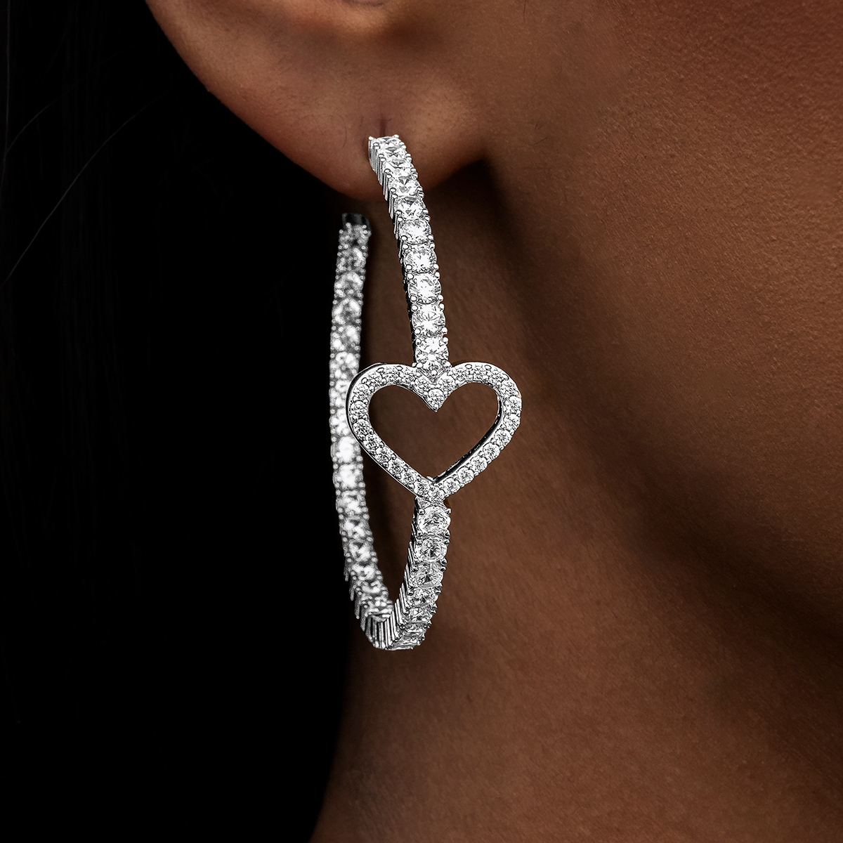 GLD Heart Tennis Hoop Earrings - White Gold