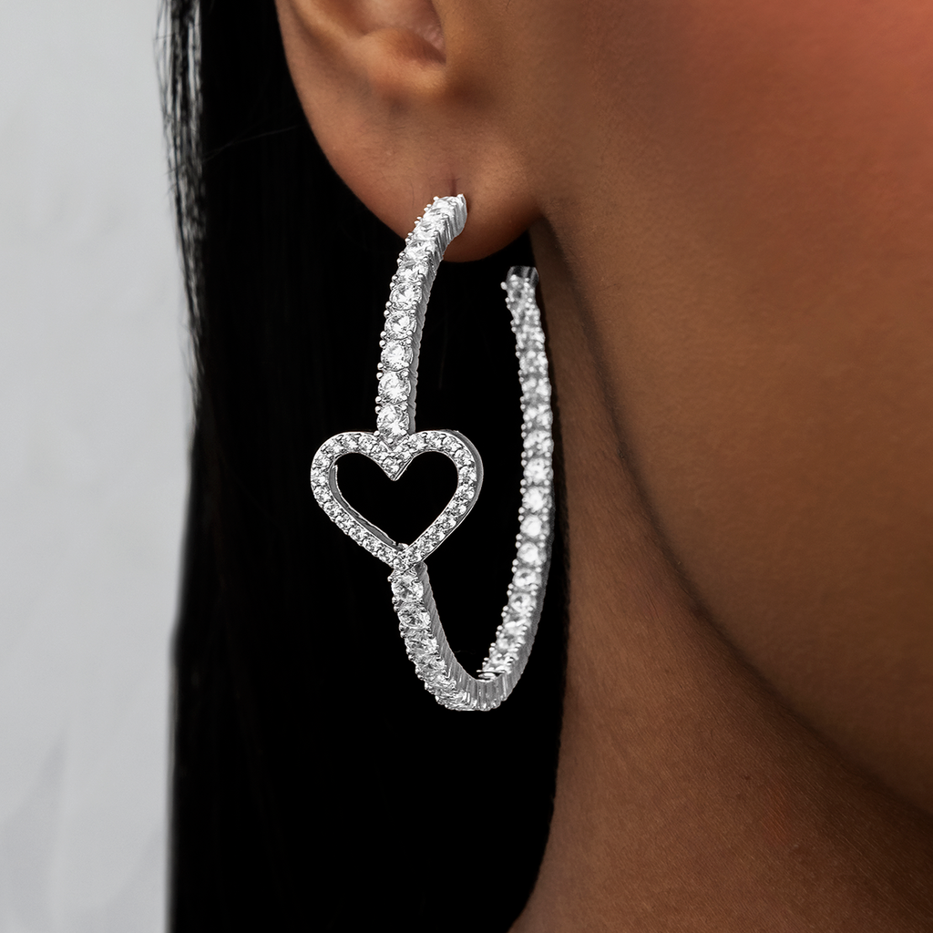 GLD Heart Tennis Hoop Earrings - White Gold