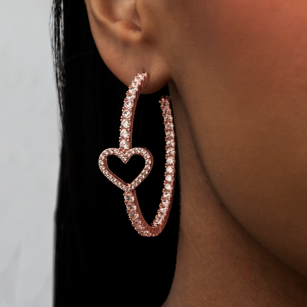 GLD Heart Tennis Hoop Earrings - Rose Gold