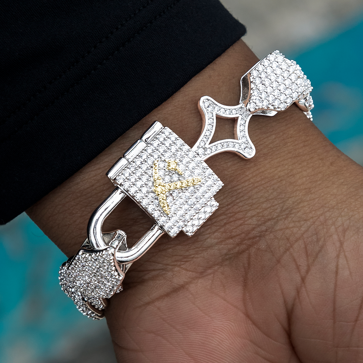 GLD Lock & Key Diamond Prong Cuban Bracelet in White Gold- 12mm