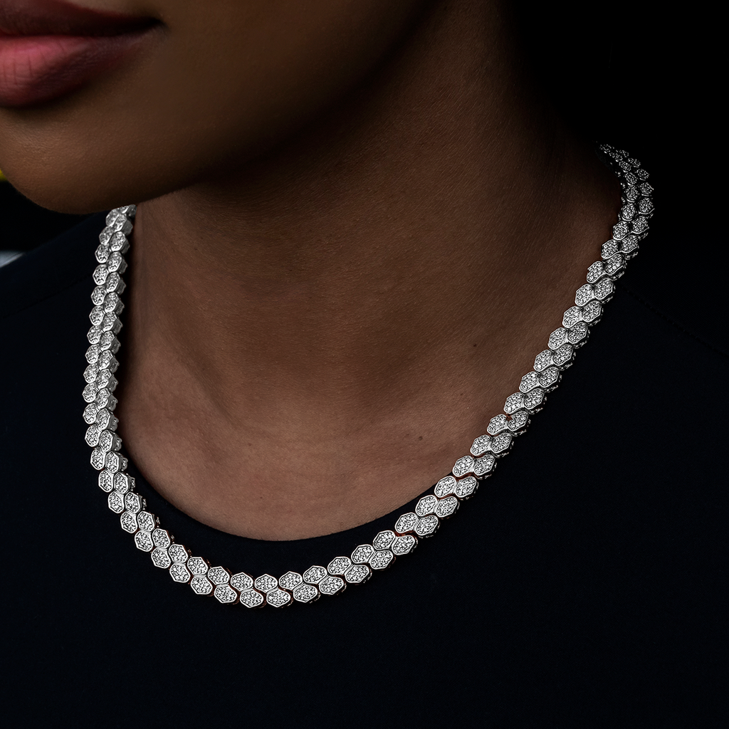 Diamond Pave Flat Snake Link Necklace in White Gold-4mm