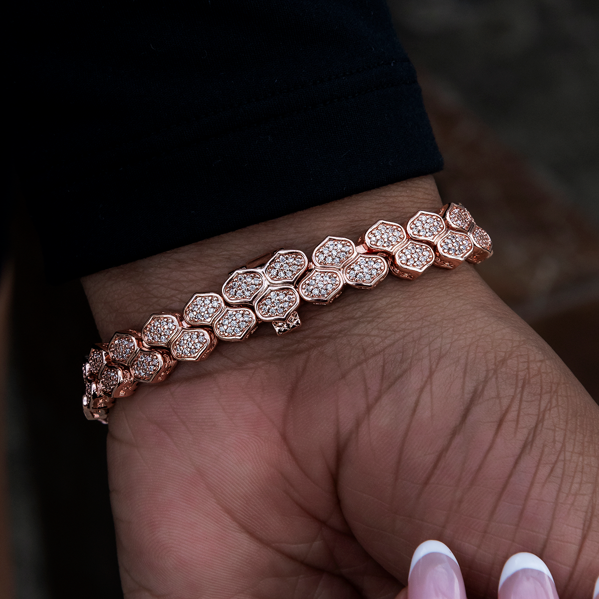 Diamond Pave Flat Snake Link Bracelet in Rose Gold-4mm