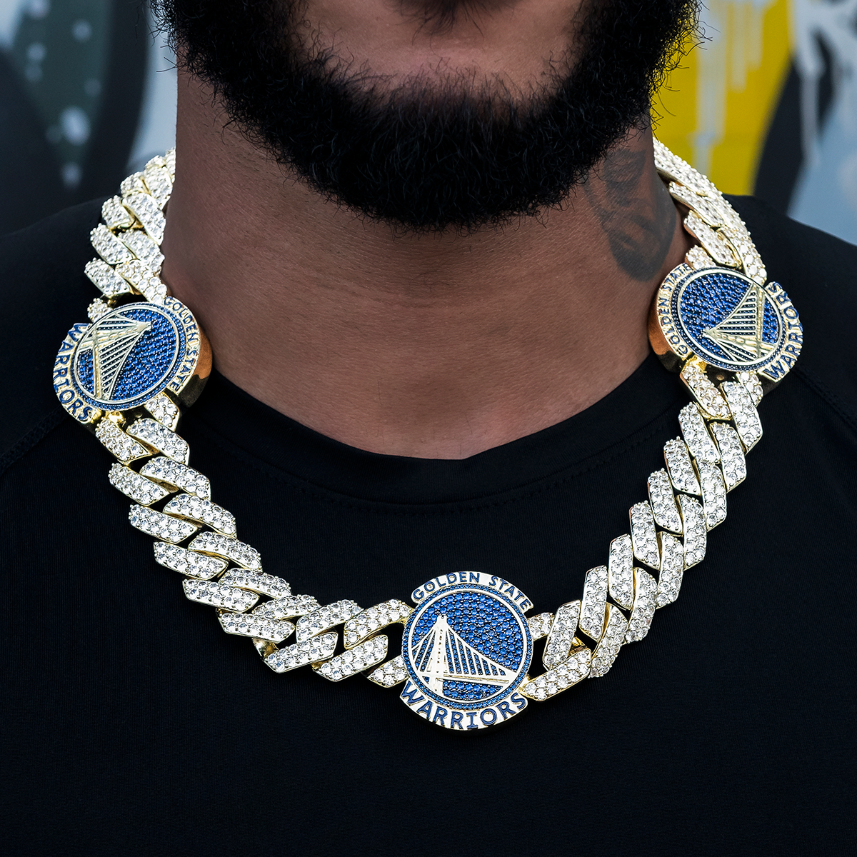 Golden State Warriors Official NBA Diamond Prong Cuban Chain in Yellow Gold- 25mm