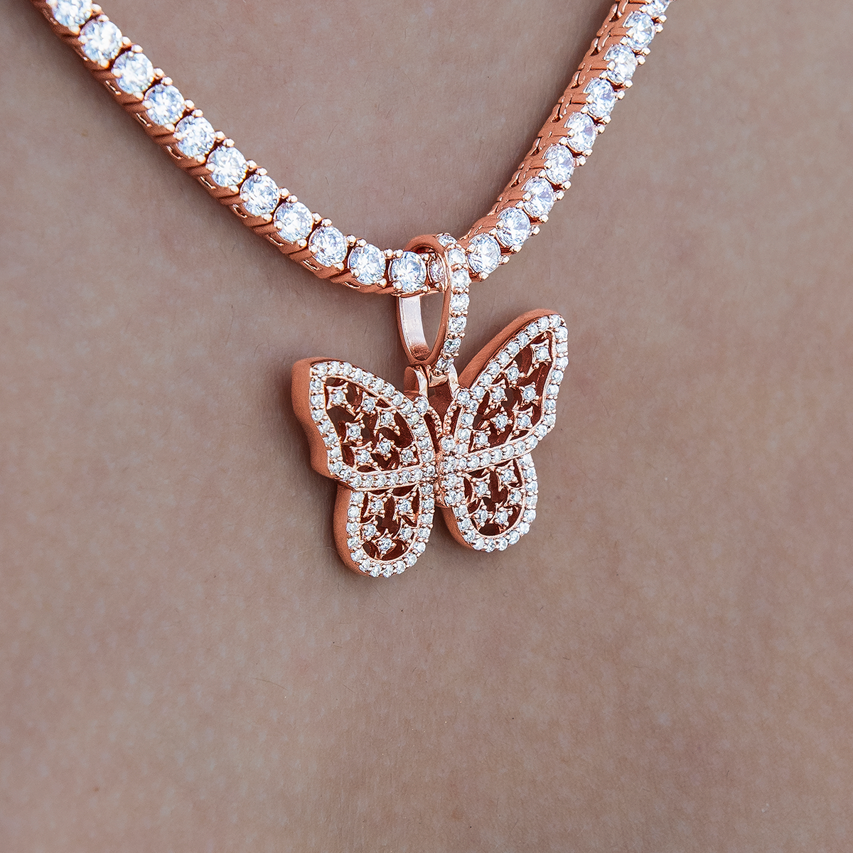 Women's Moissanite Small Butterfly Pendant in Rose Gold Vermeil